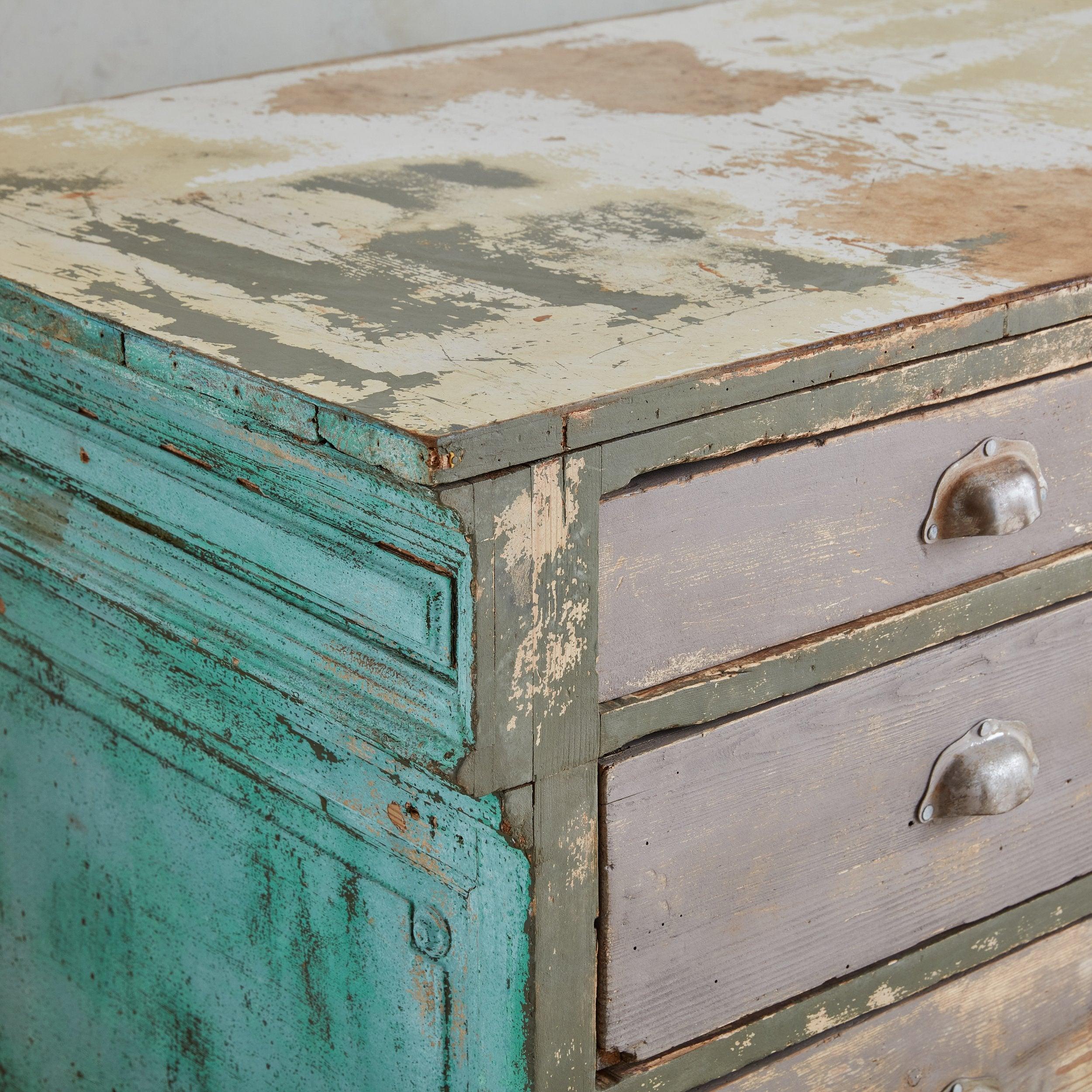 Rustic Turquoise + Beige Wood Chest of Drawers, 20th Century 6