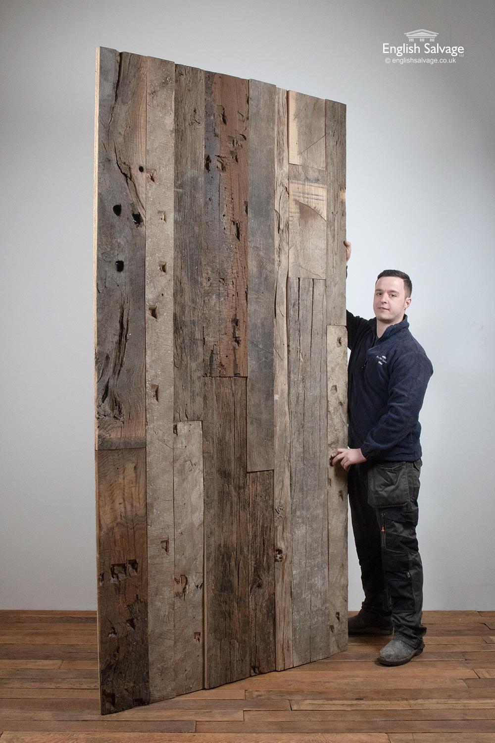 Reclaimed rustic untreated oak cladding planks which have been fixed to an osb board. Overall approximate size of each board / section is below, depth varies between 1-3.5cm. Please note being reclaimed wood there will be some old woodworm, splits