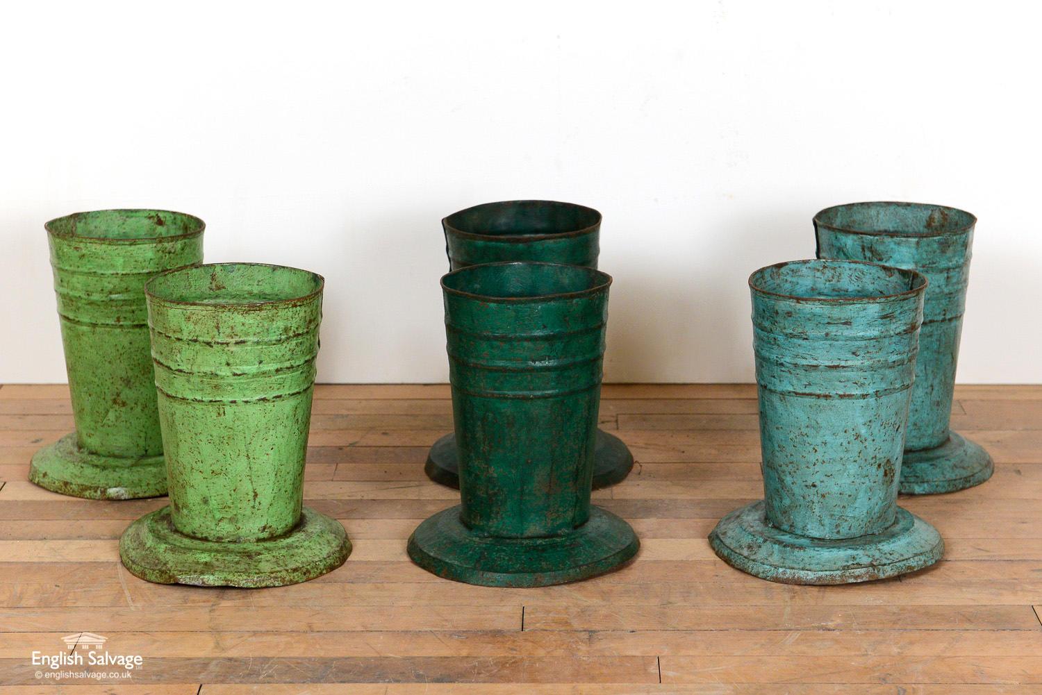 Charming rustic vases naively made from recycled metal, in light green, bottle green or turquoise. They are of a simple design with treble beading to the upper part and an appealing patina with some surface rust.