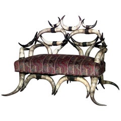 Rustic Victorian Steer Horn Loveseat, Paisley Upholstered, USA