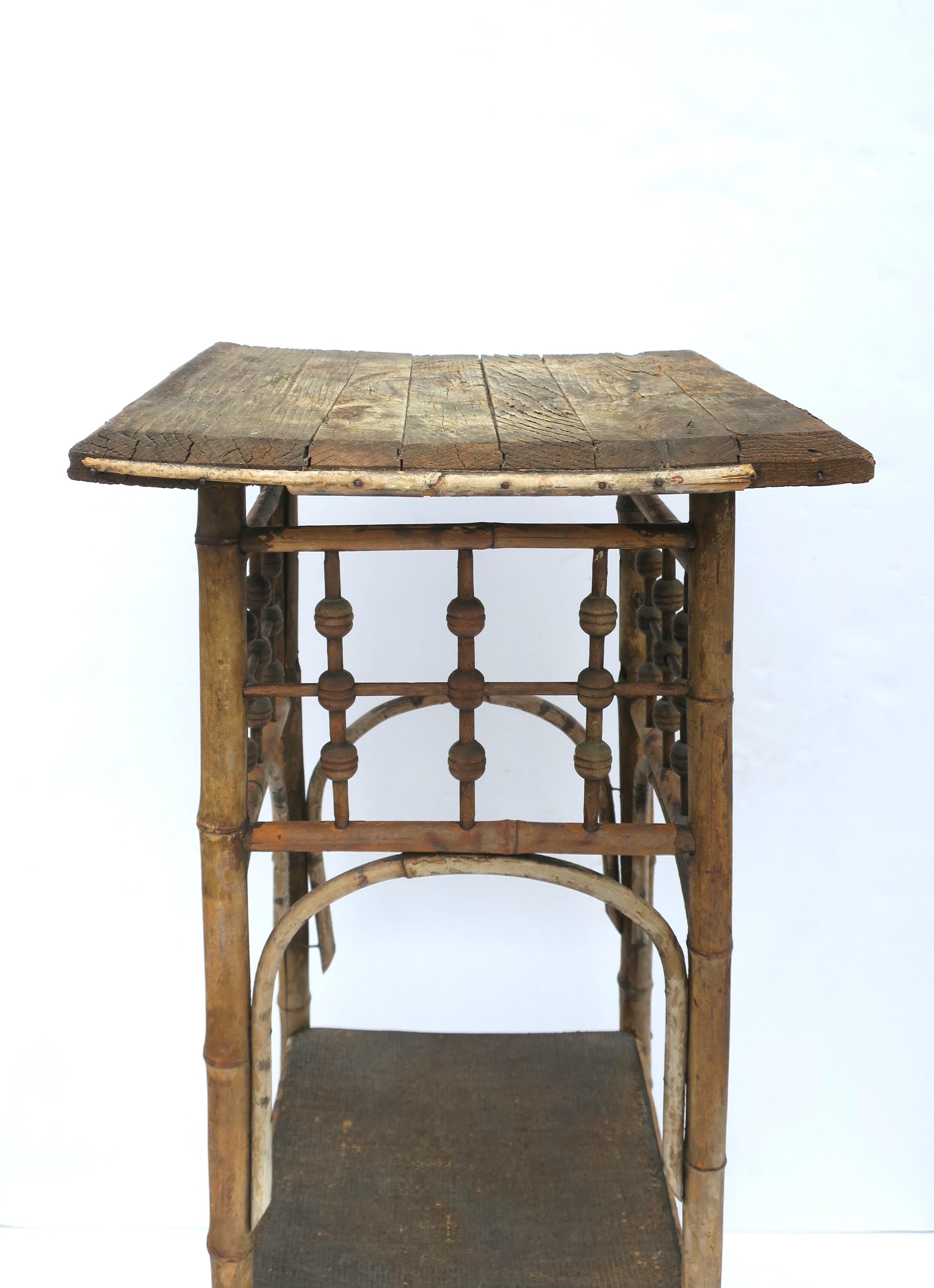 Rustic Victorian Wood and Bamboo Side End Accent Table with Shelf For Sale 5