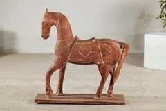 Rustic Vintage Carved Wooden Horse with Saddle on Stand, circa 1950