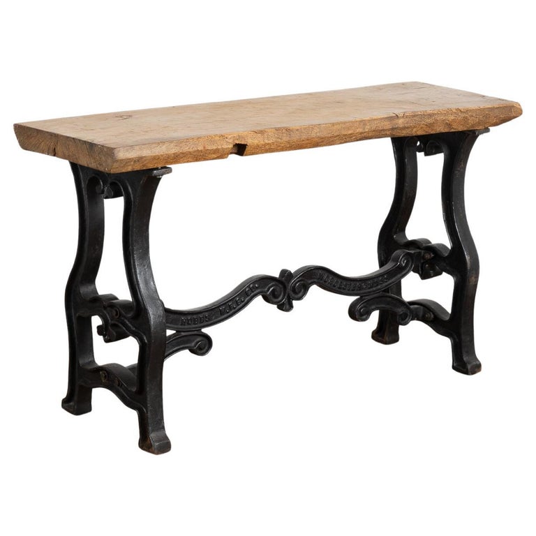Rustic Vintage Console Table with Cast Iron Industrial Legs, circa