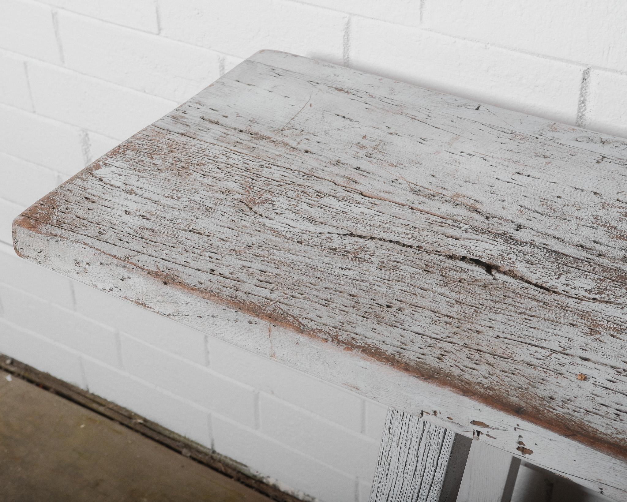 Indian Rustic Vintage Console Table with Distressed Whitewashed Finish For Sale