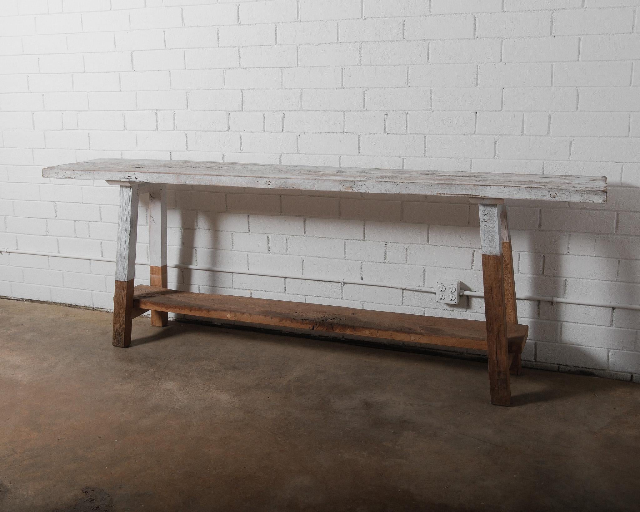 20th Century Rustic Vintage Console Table with Distressed Whitewashed Finish For Sale