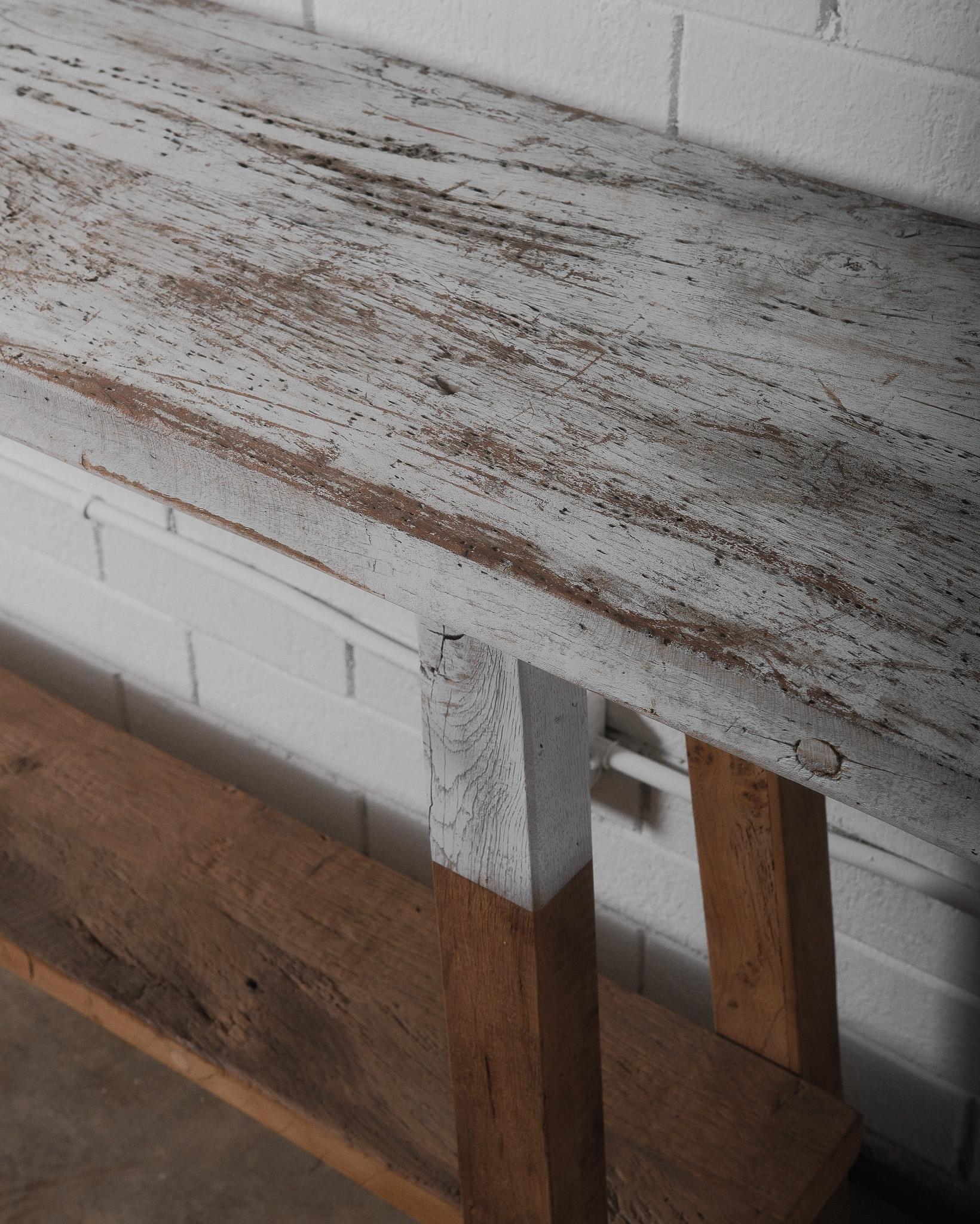 Wood Rustic Vintage Console Table with Distressed Whitewashed Finish For Sale