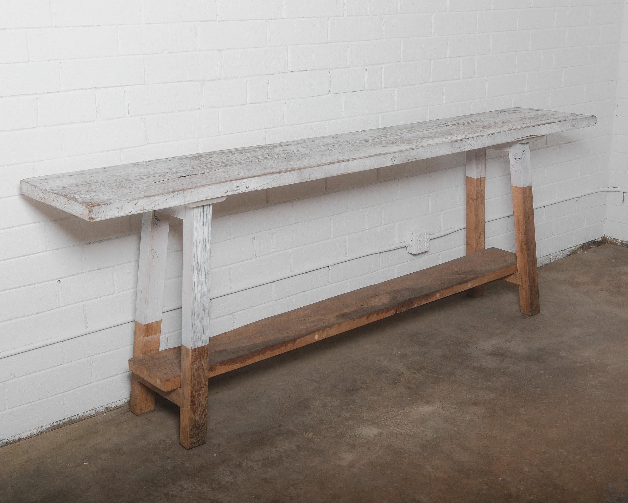 Rustic Vintage Console Table with Distressed Whitewashed Finish For Sale 1