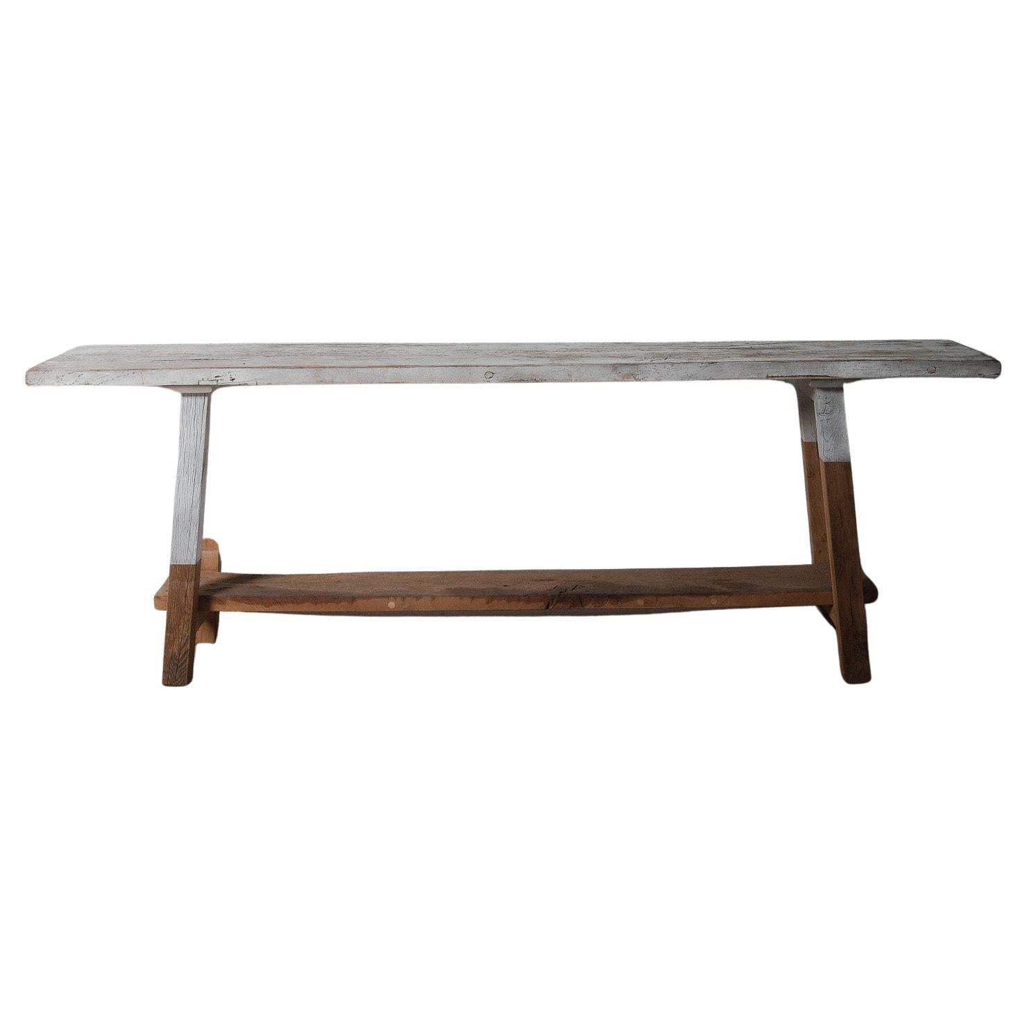 Rustic Vintage Console Table with Distressed Whitewashed Finish For Sale