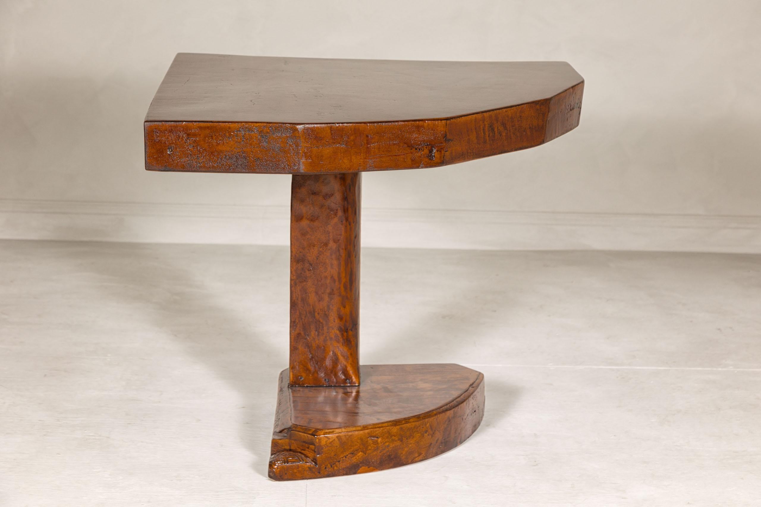 Rustic Vintage Corner Demilune Pedestal Table with Delicately Carved Base For Sale 4