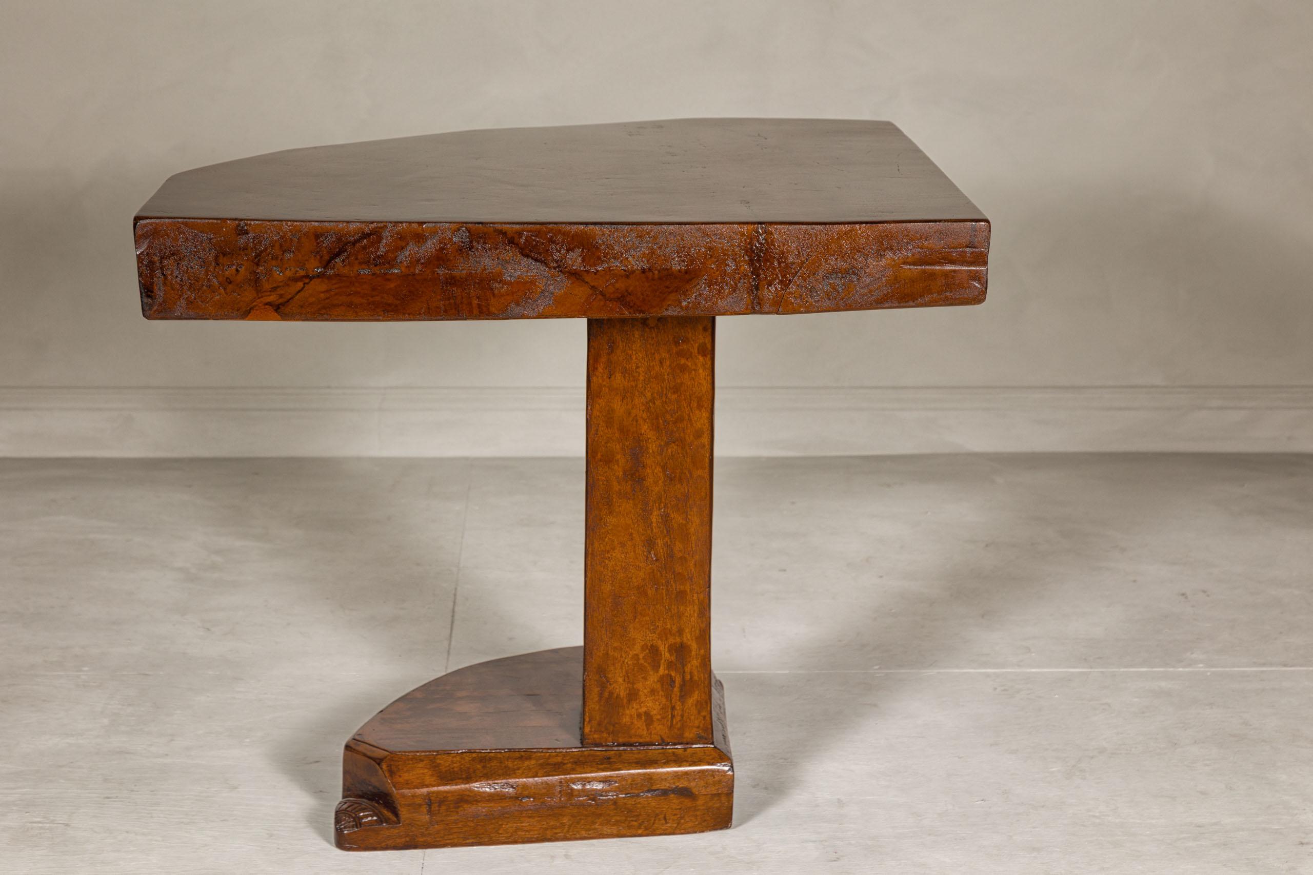 Rustic Vintage Corner Demilune Pedestal Table with Delicately Carved Base For Sale 6