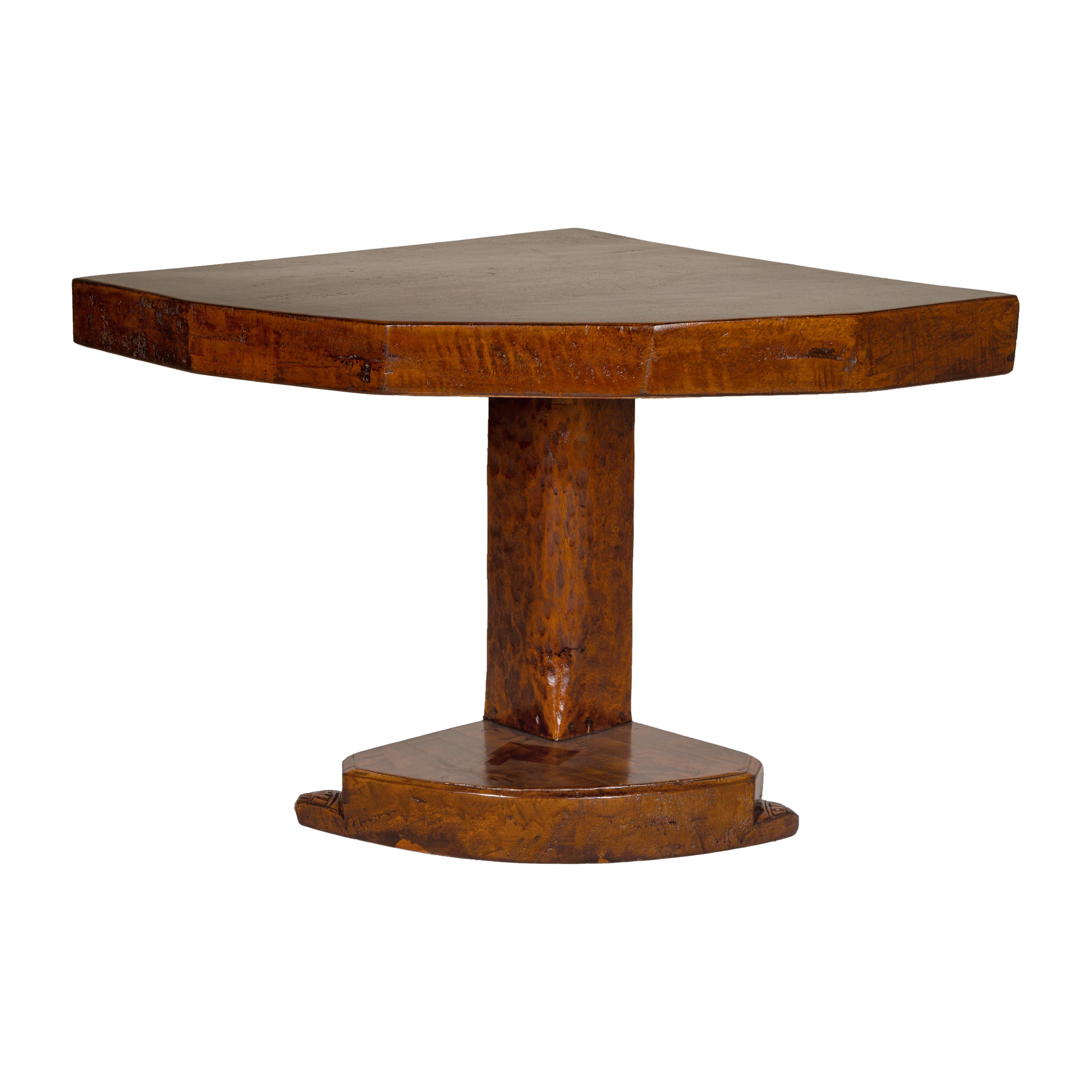 Rustic Vintage Corner Demilune Pedestal Table with Delicately Carved Base For Sale 7
