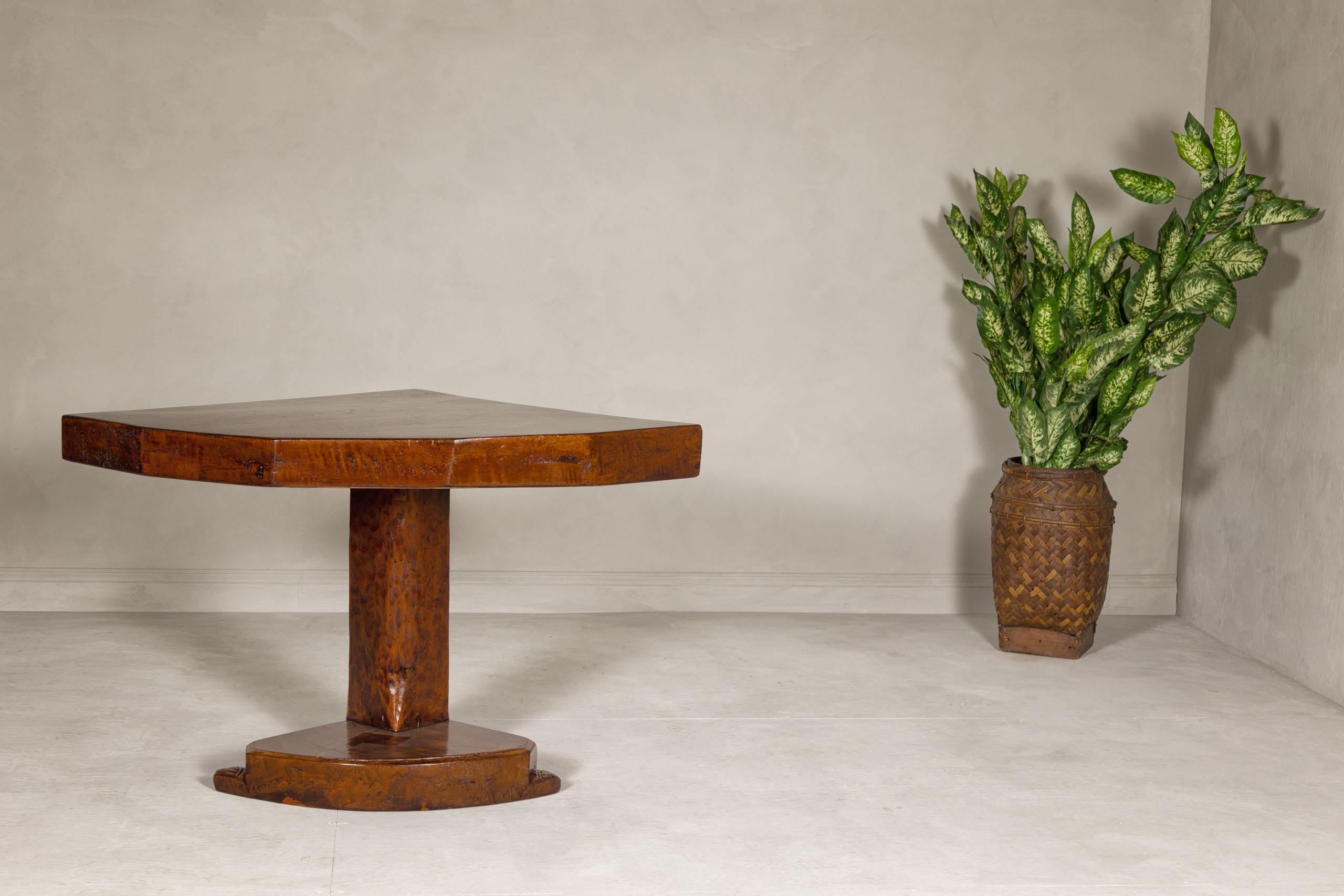 Stained Rustic Vintage Corner Demilune Pedestal Table with Delicately Carved Base For Sale