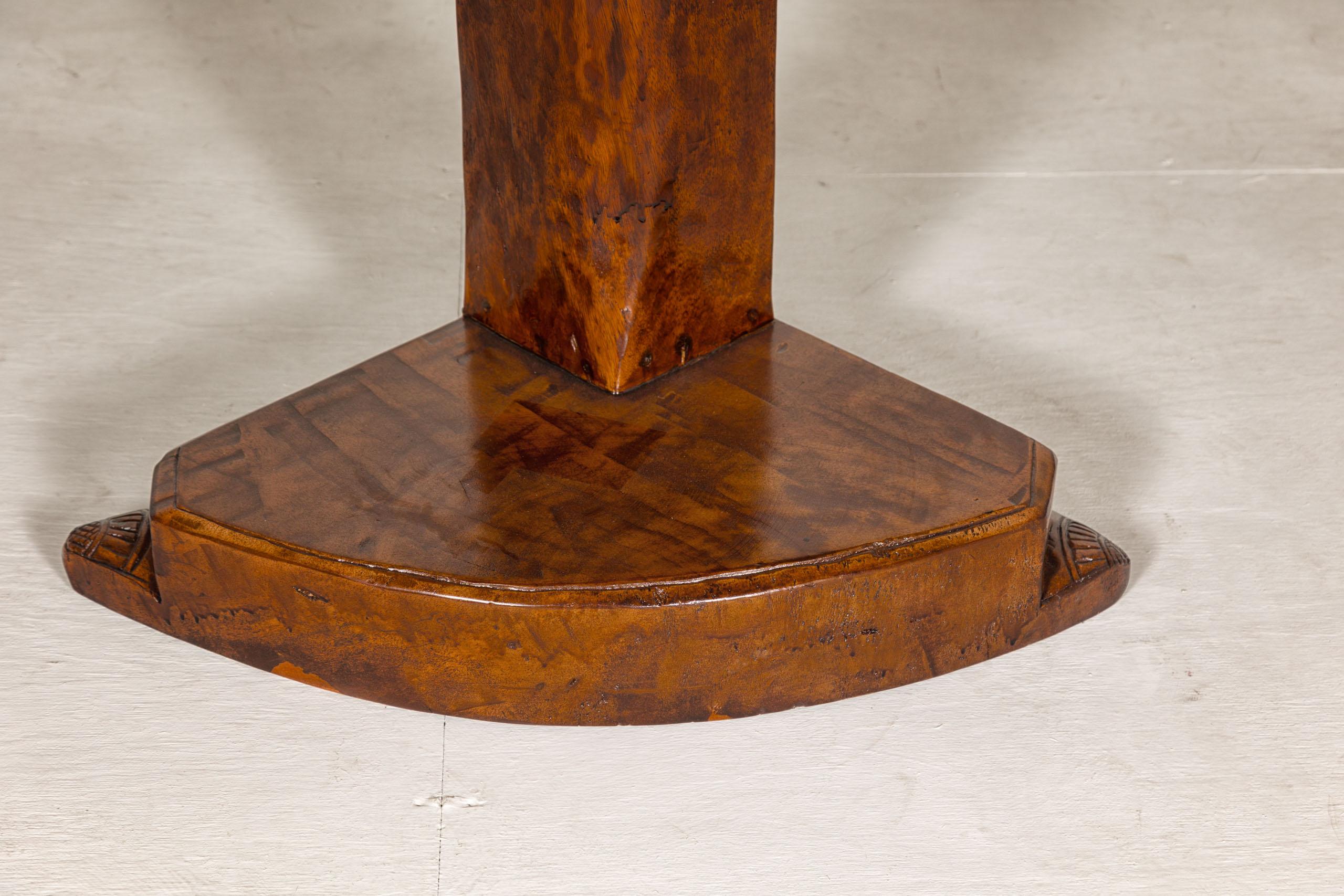 Wood Rustic Vintage Corner Demilune Pedestal Table with Delicately Carved Base For Sale