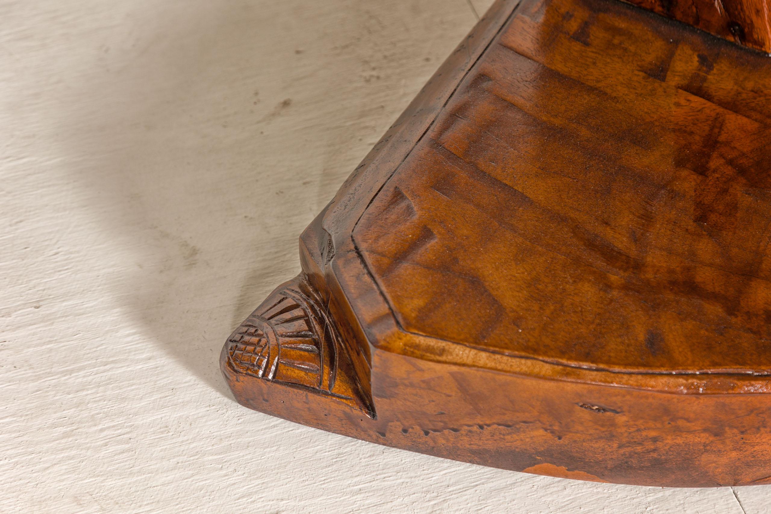 Rustic Vintage Corner Demilune Pedestal Table with Delicately Carved Base For Sale 1