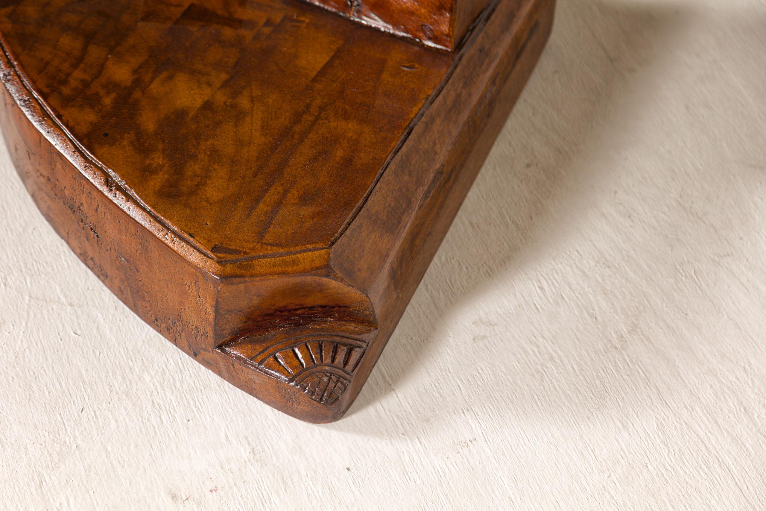 Rustic Vintage Corner Demilune Pedestal Table with Delicately Carved Base For Sale 2