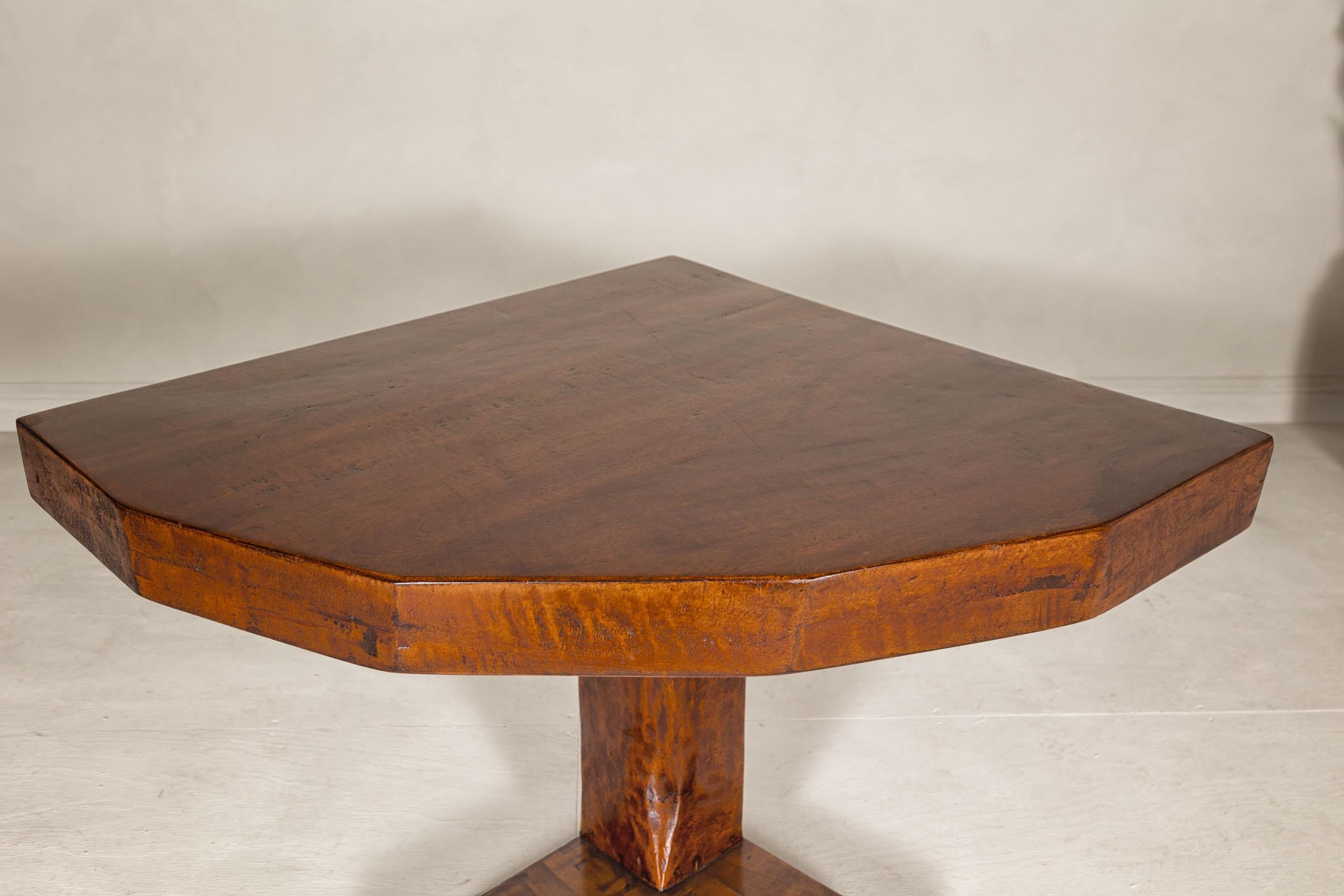 Rustic Vintage Corner Demilune Pedestal Table with Delicately Carved Base For Sale 3