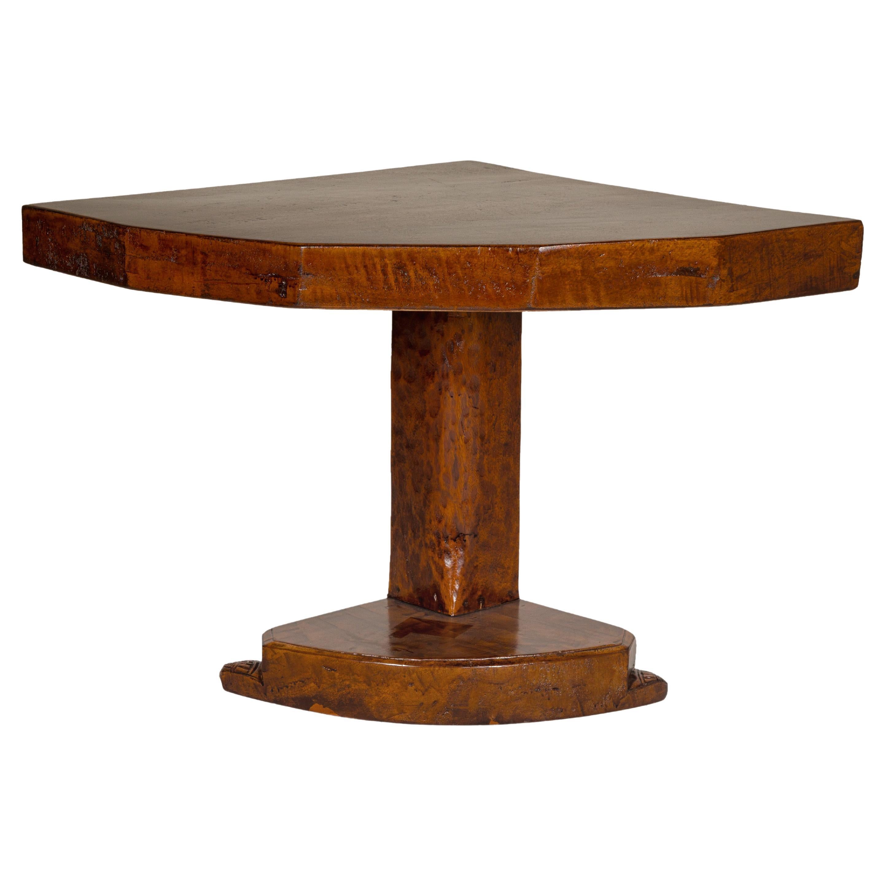 Rustic Vintage Corner Demilune Pedestal Table with Delicately Carved Base For Sale