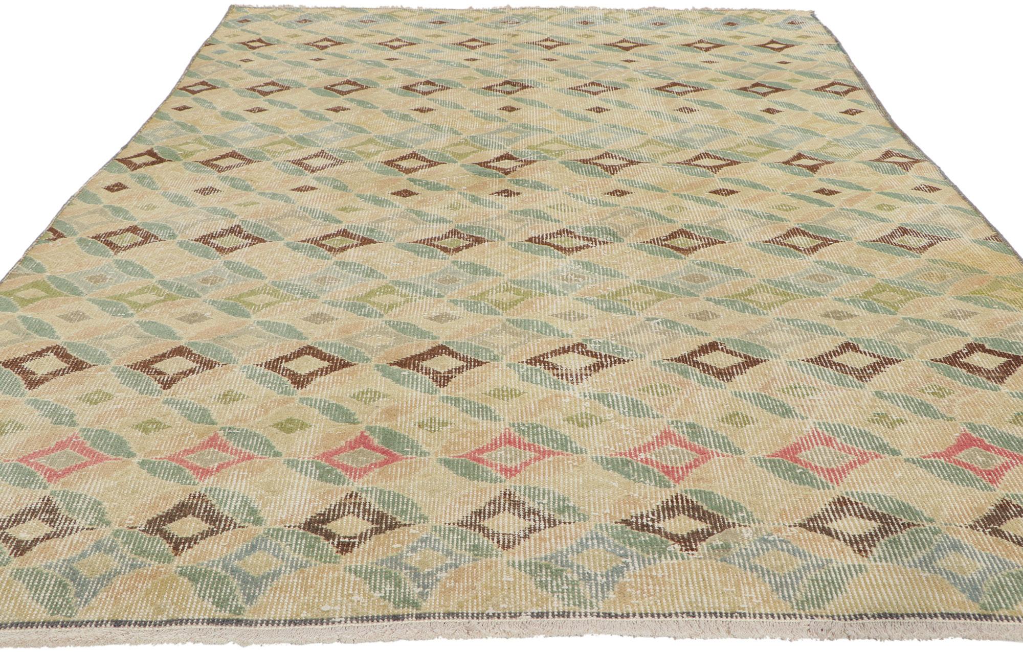 Hand-Knotted Rustic Vintage Distressed Turkish Sivas Rug with Faded Earth-Tone Colors For Sale