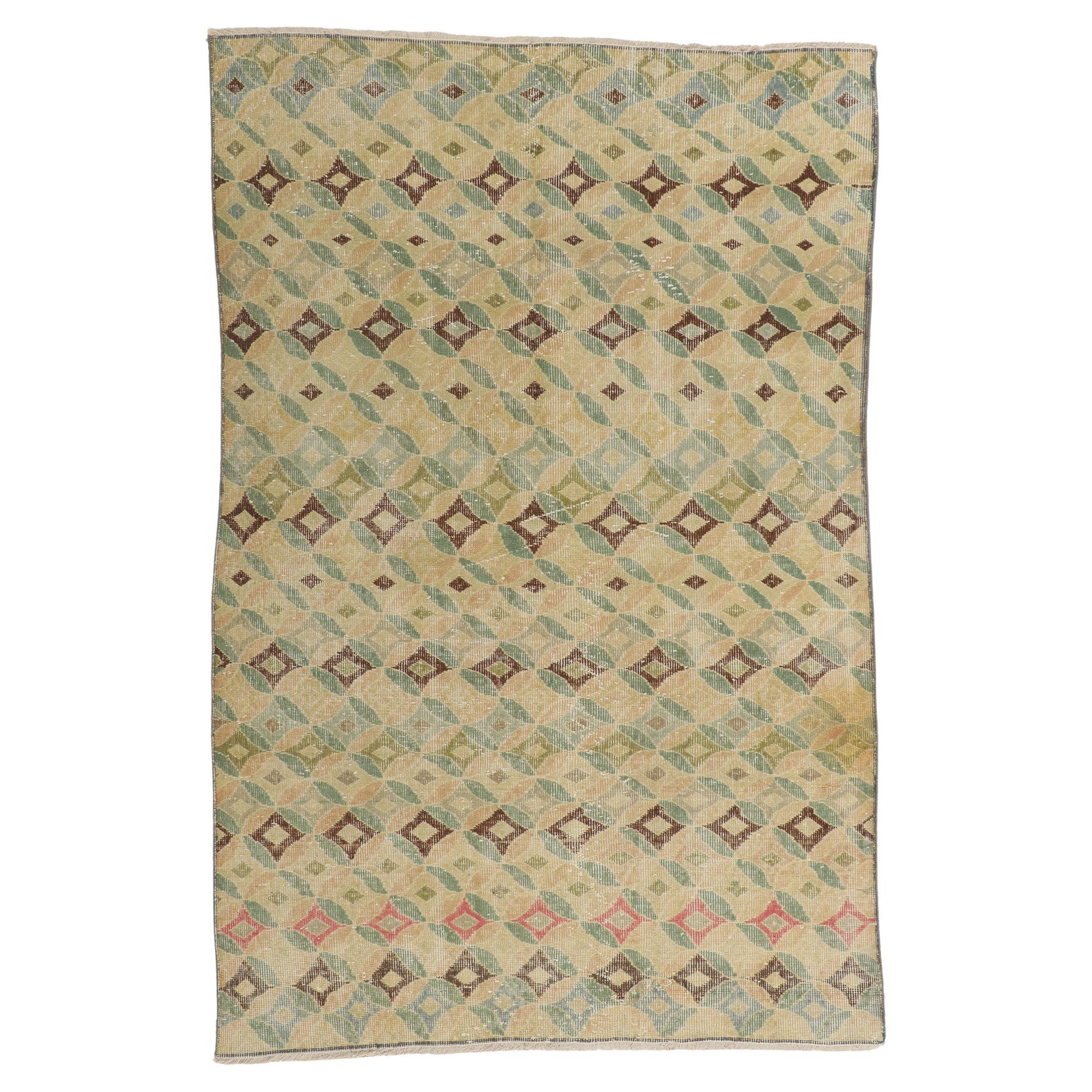 Rustic Vintage Distressed Turkish Sivas Rug with Faded Earth-Tone Colors