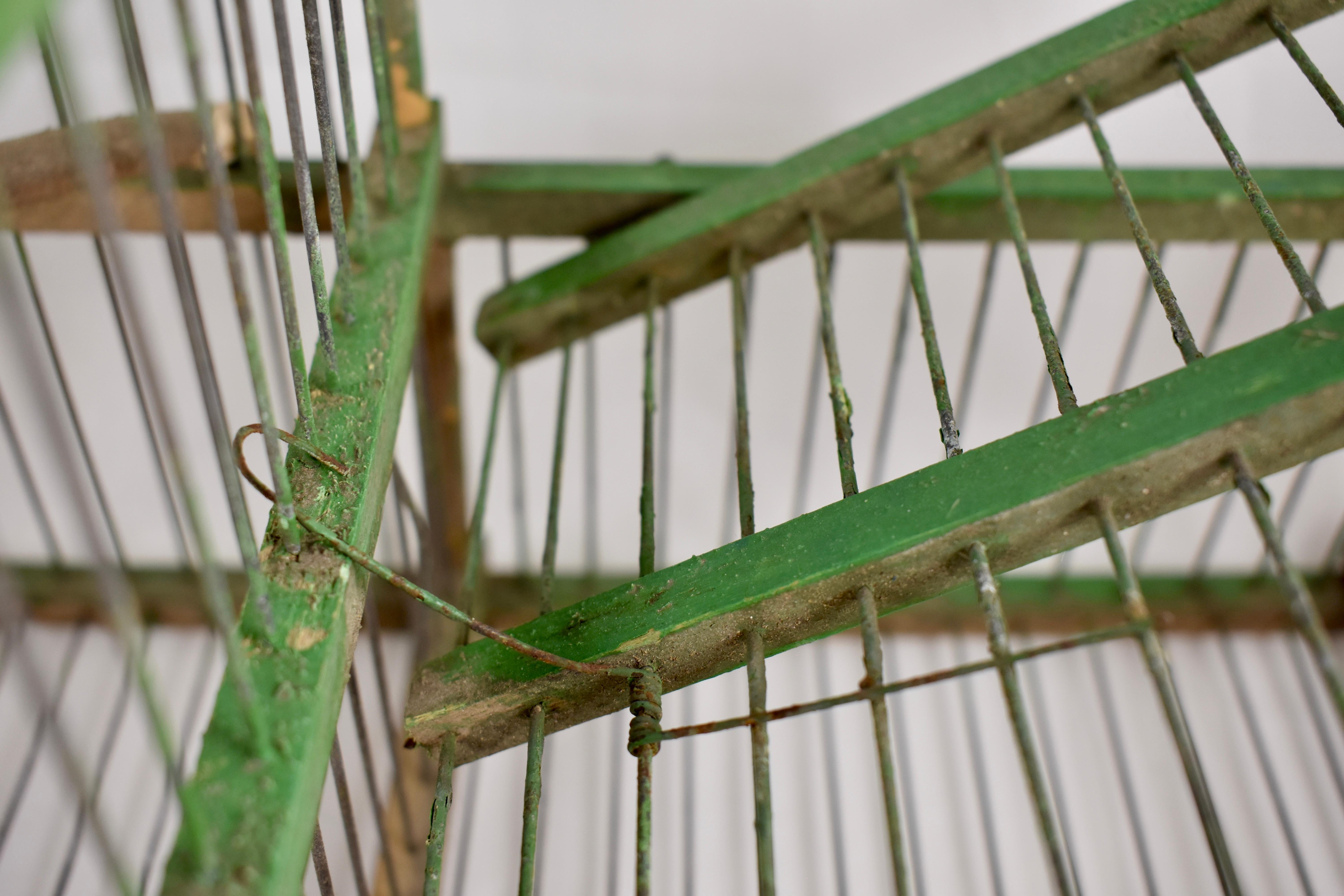 Rustic Vintage French Handmade Green Painted Wood & Metal Double Finch Bird Trap For Sale 2