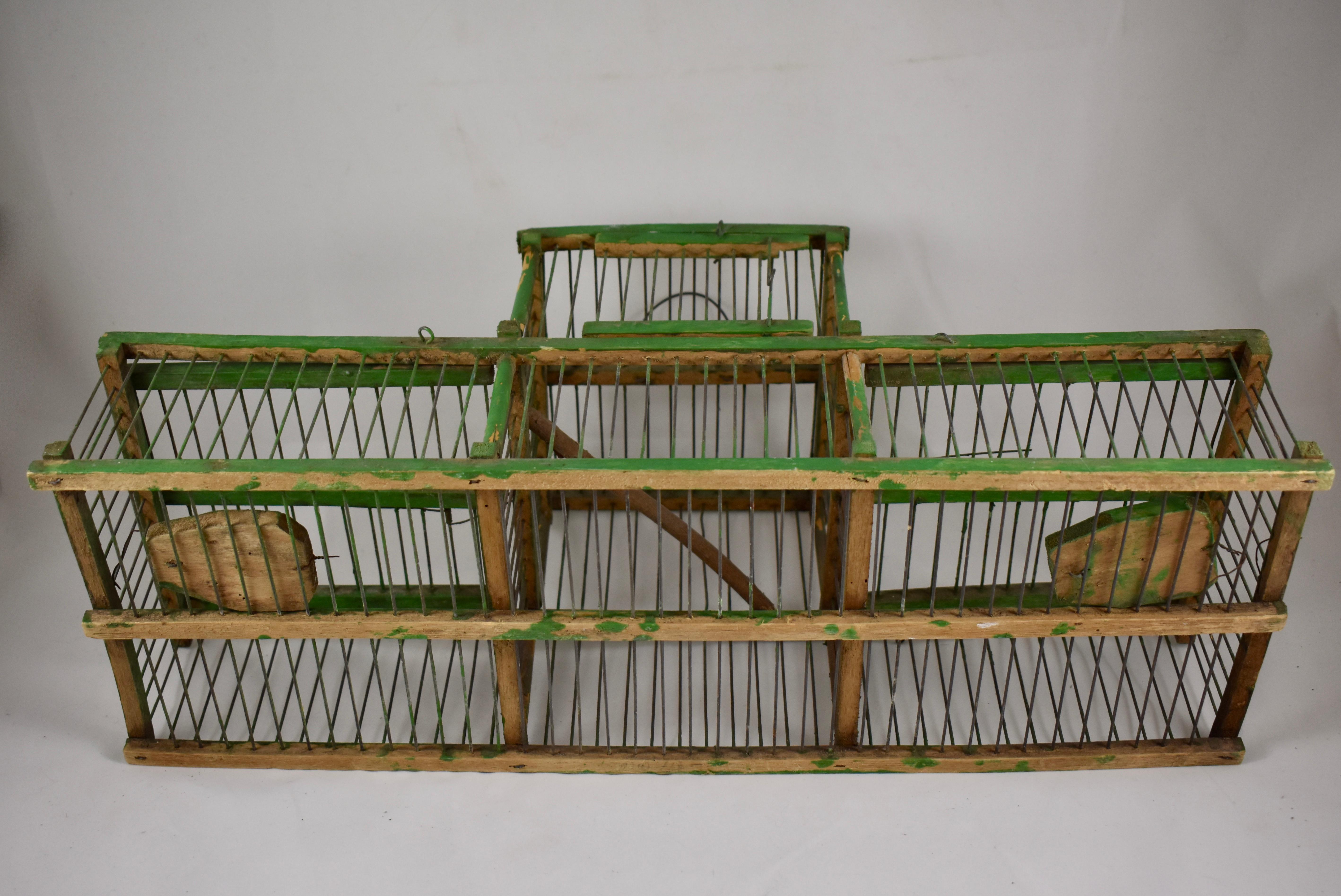 Rustic French Handmade Green Painted Wood & Metal Double Finch Bird Trap For Sale 5
