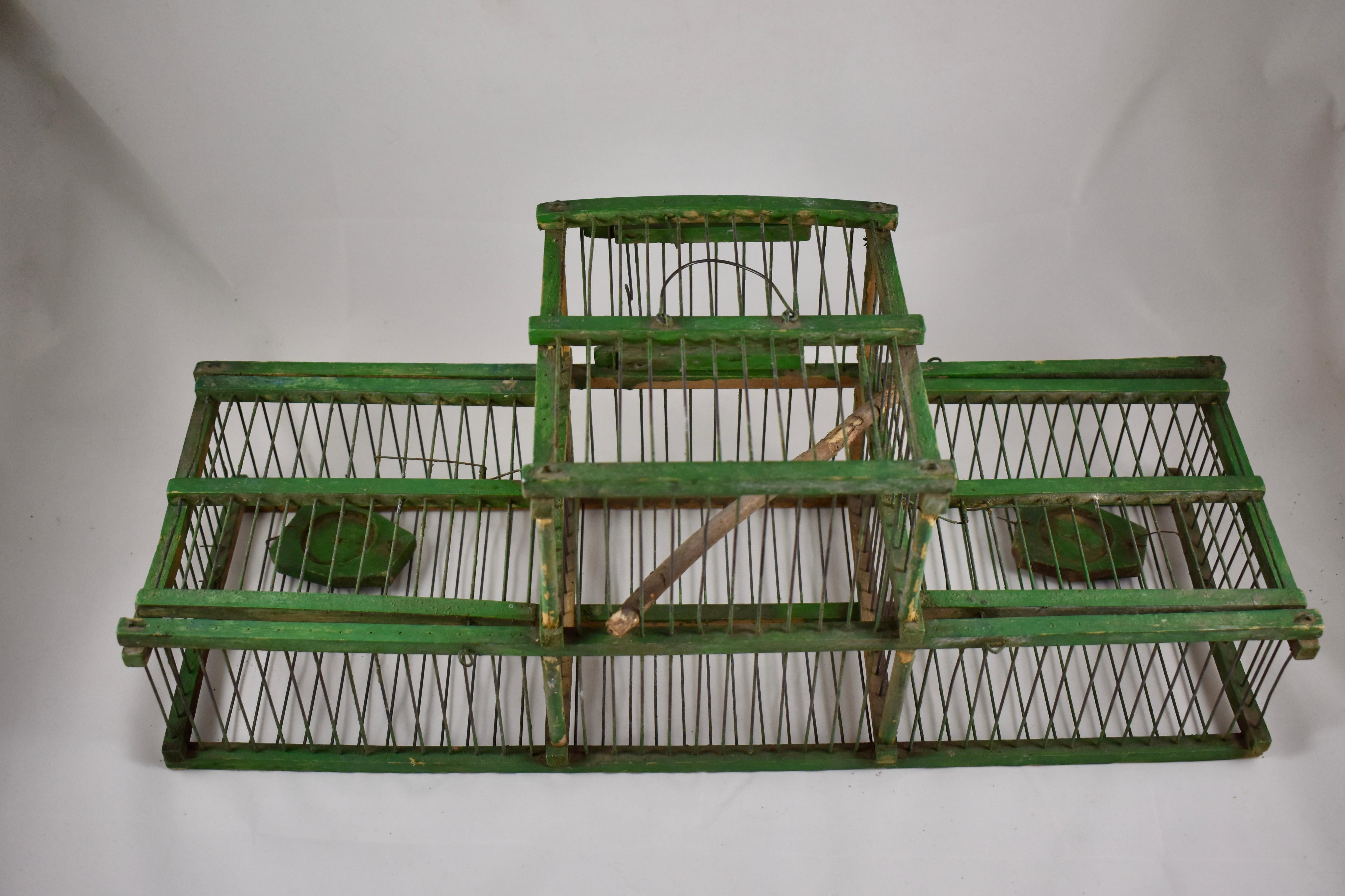French Provincial Rustic Vintage French Handmade Green Painted Wood & Metal Double Finch Bird Trap For Sale