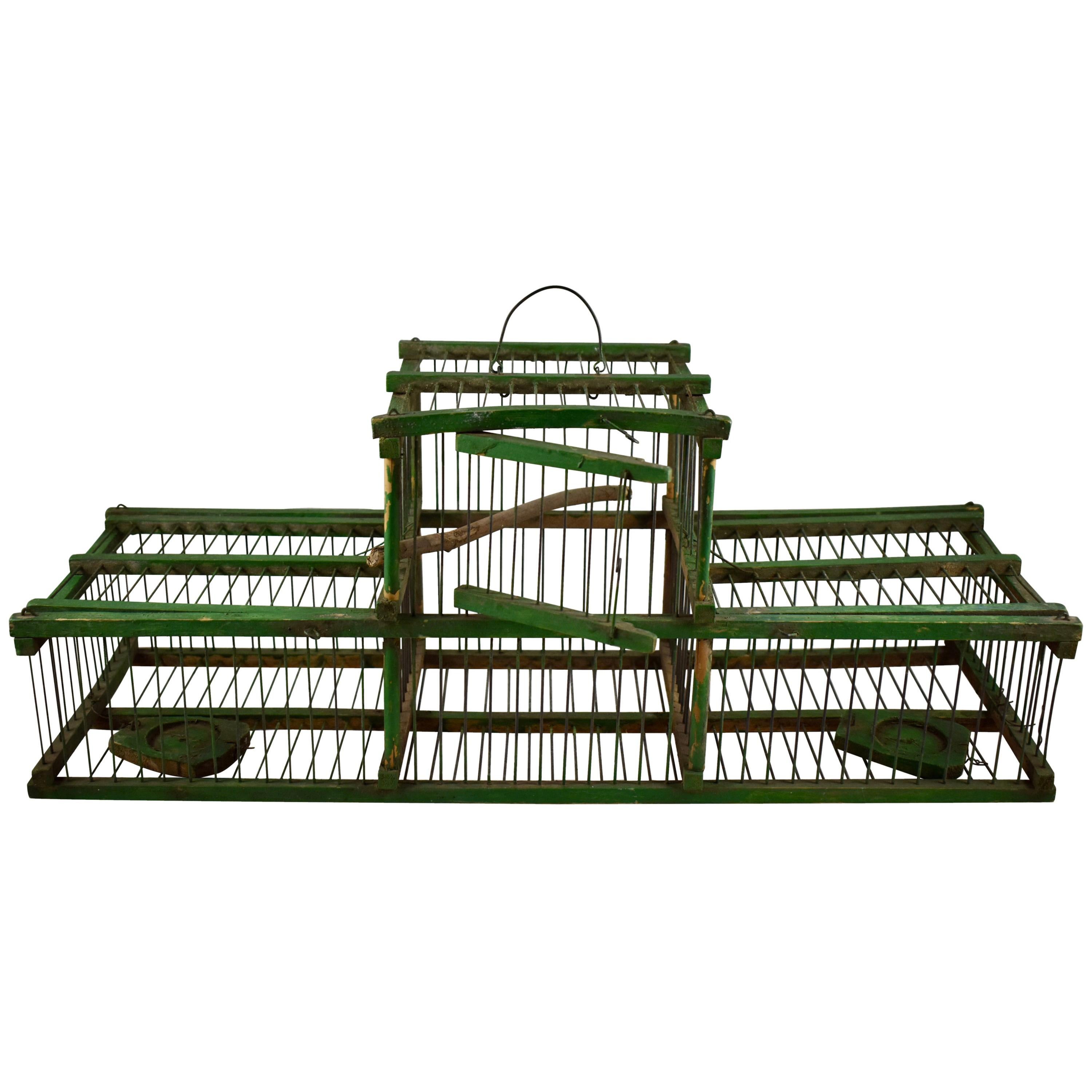 Rustic Vintage French Handmade Green Painted Wood & Metal Double Finch Bird Trap For Sale