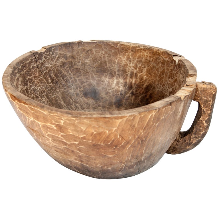 Rustic Vintage Hand Hewn Wooden Bowl with Handle from Sulawesi, Mid