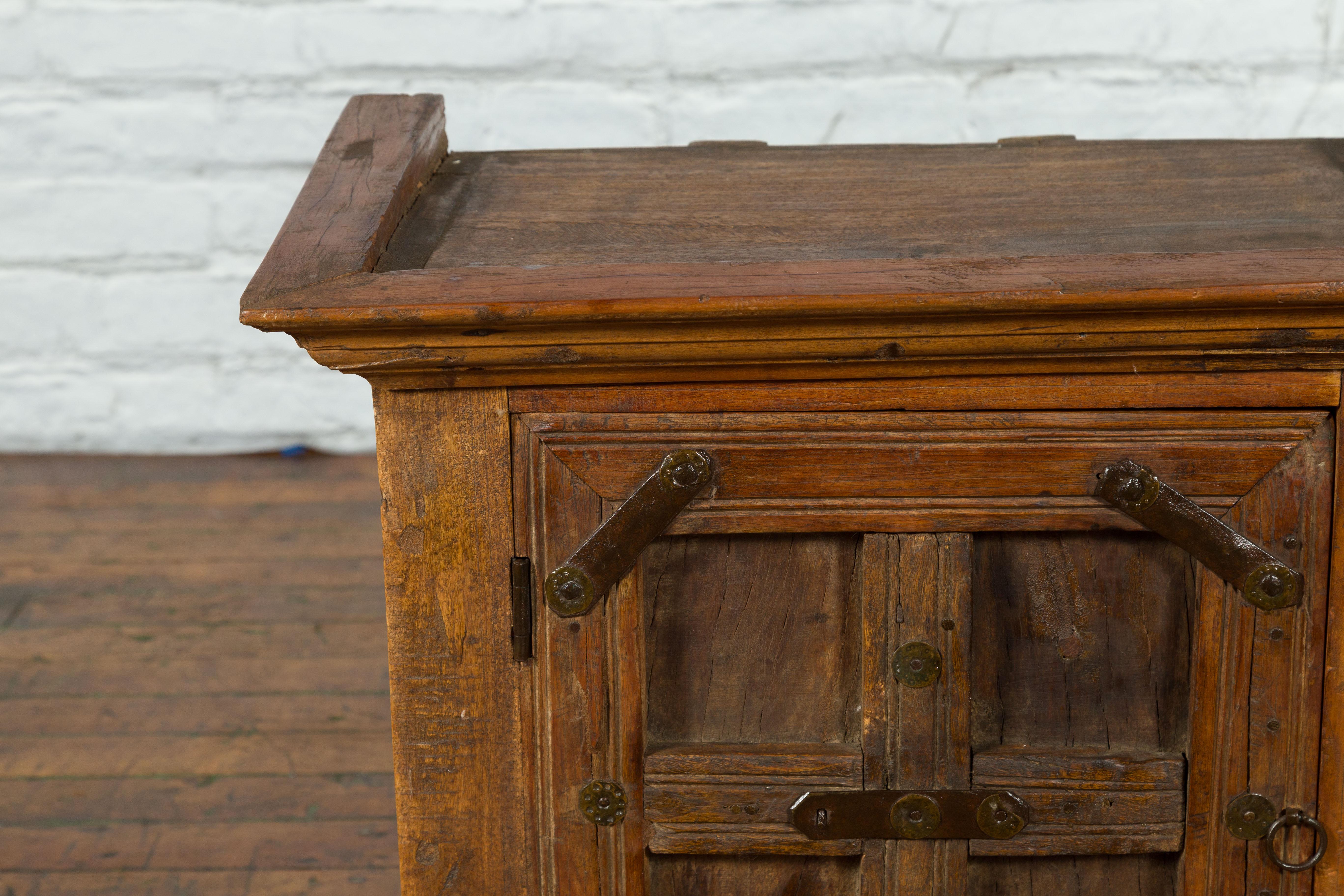 Carved Rustic Vintage Indian Natural Sheesham Wood Side Cabinet with Iron Hardware For Sale