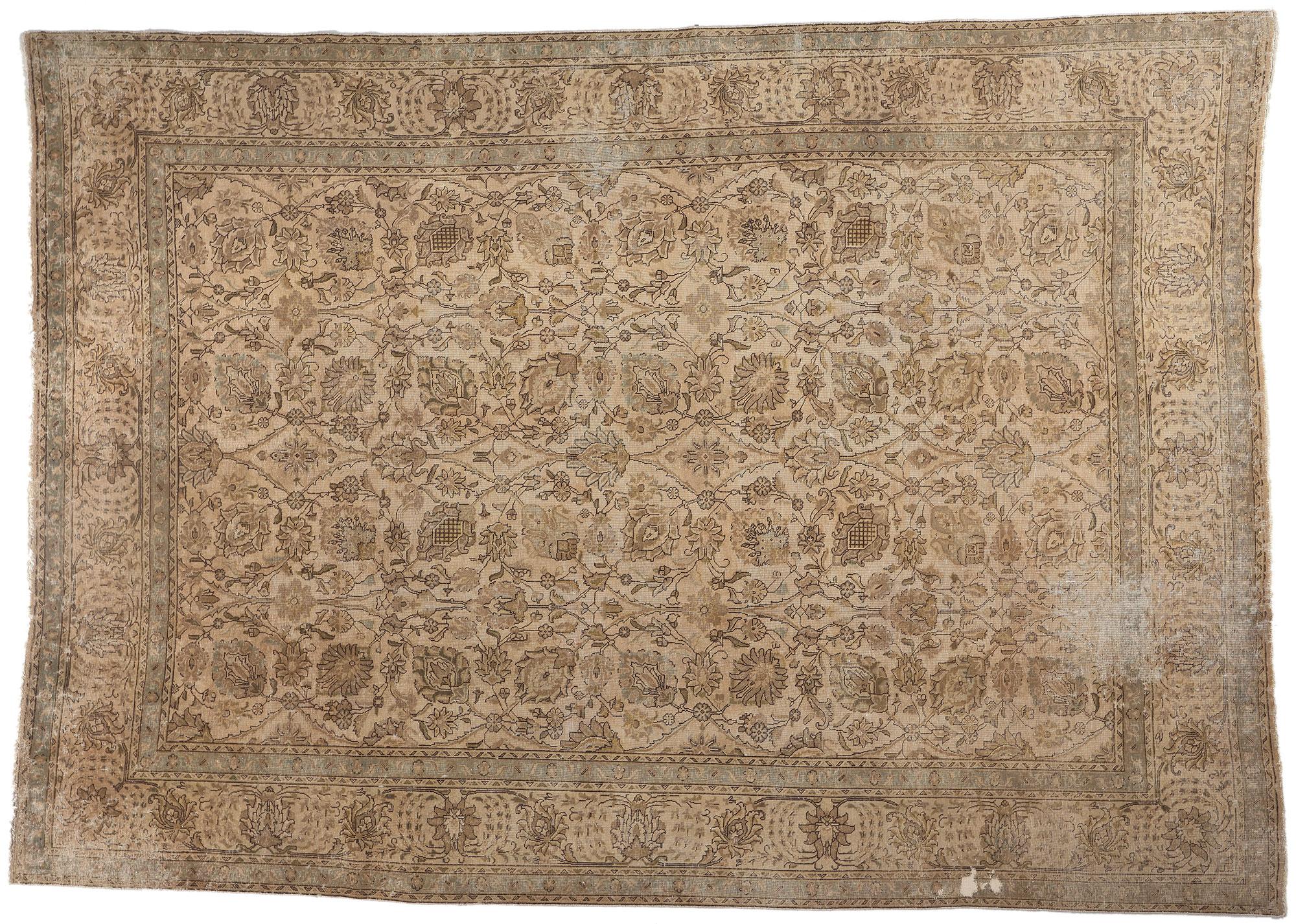 Rustic Vintage Persian Tabriz Rug Warm Neutral Earth-Tone Colors For Sale 3