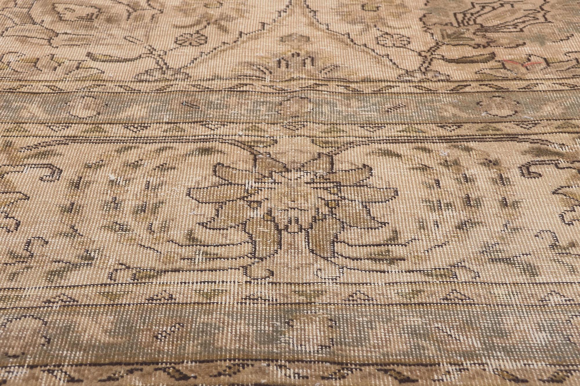 Rustic Vintage Persian Tabriz Rug Warm Neutral Earth-Tone Colors In Distressed Condition For Sale In Dallas, TX