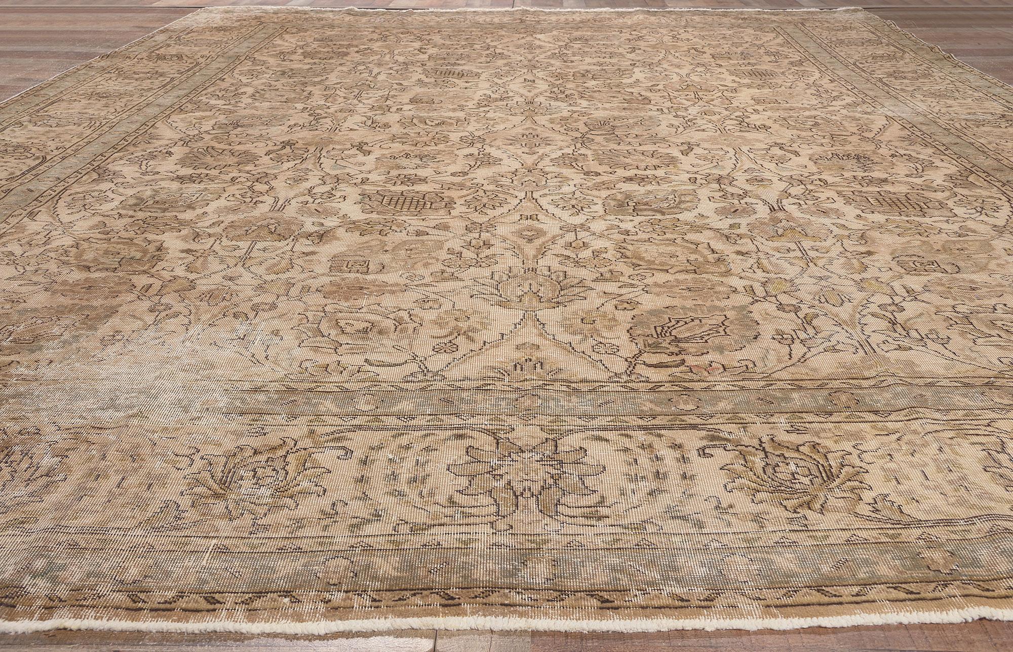 Wool Rustic Vintage Persian Tabriz Rug Warm Neutral Earth-Tone Colors For Sale