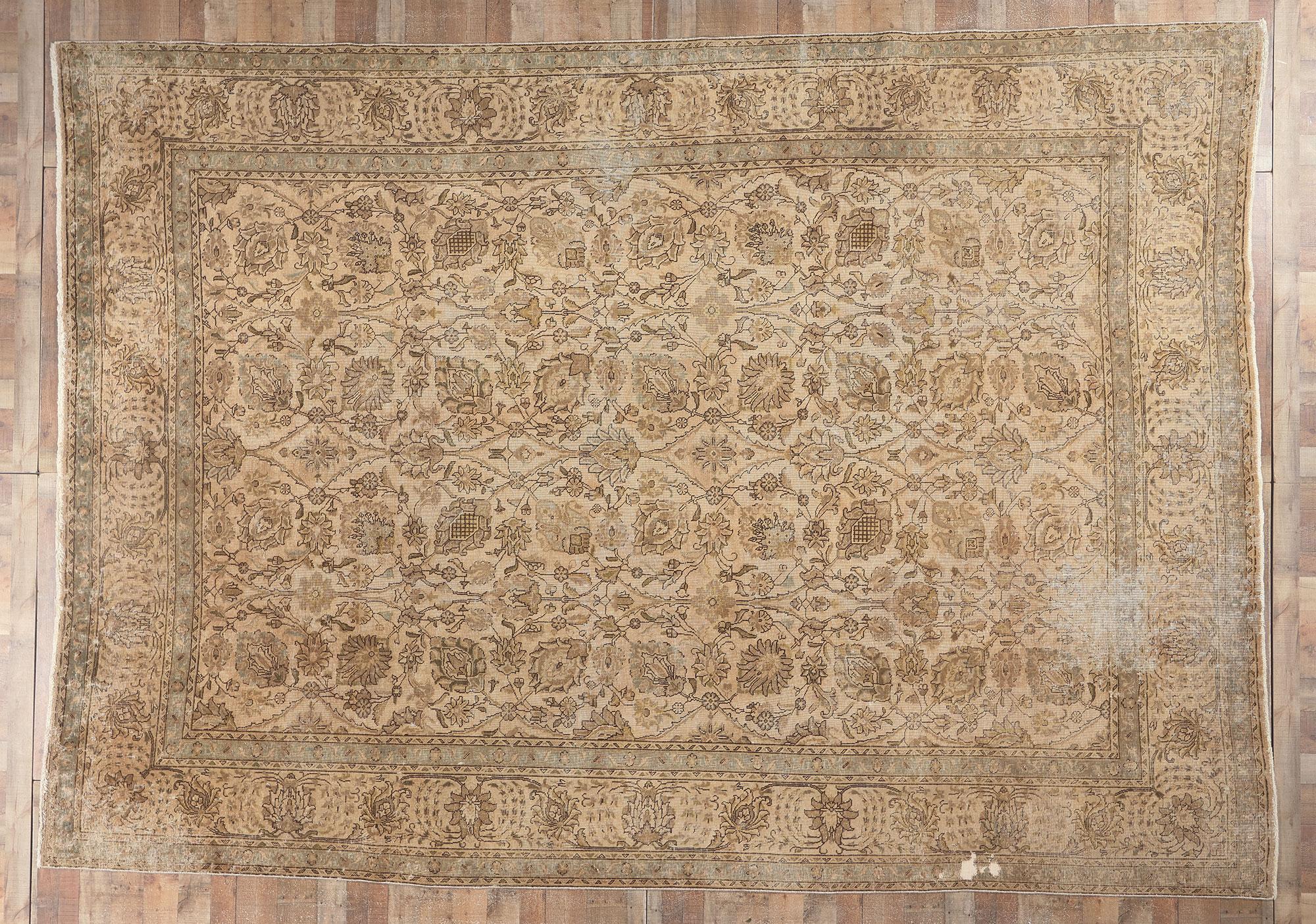 Rustic Vintage Persian Tabriz Rug Warm Neutral Earth-Tone Colors For Sale 1