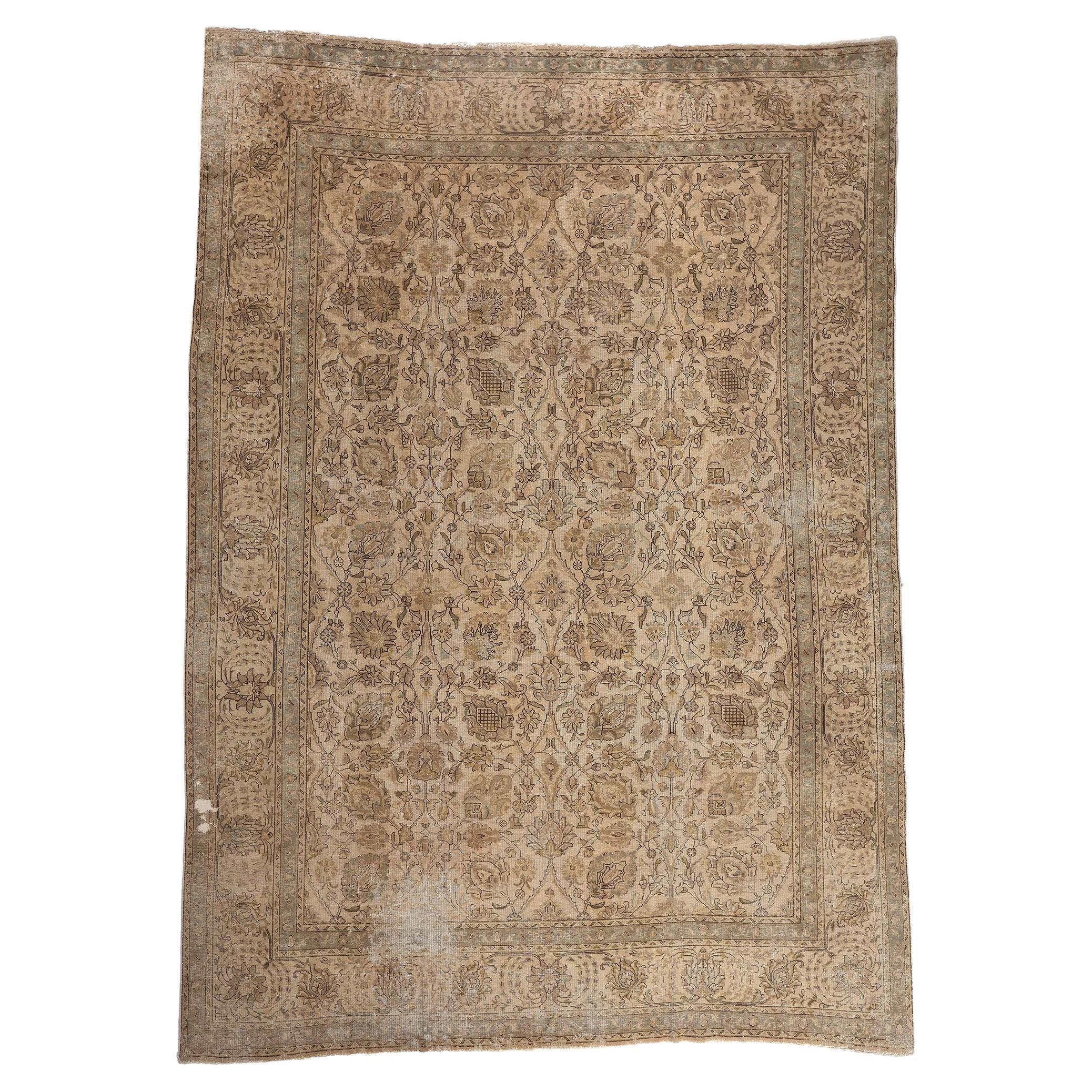 Rustic Vintage Persian Tabriz Rug Warm Neutral Earth-Tone Colors For Sale