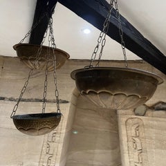 Rustic Vintage Set of Three Hanging Brass Planter Bowls Chain Pendant