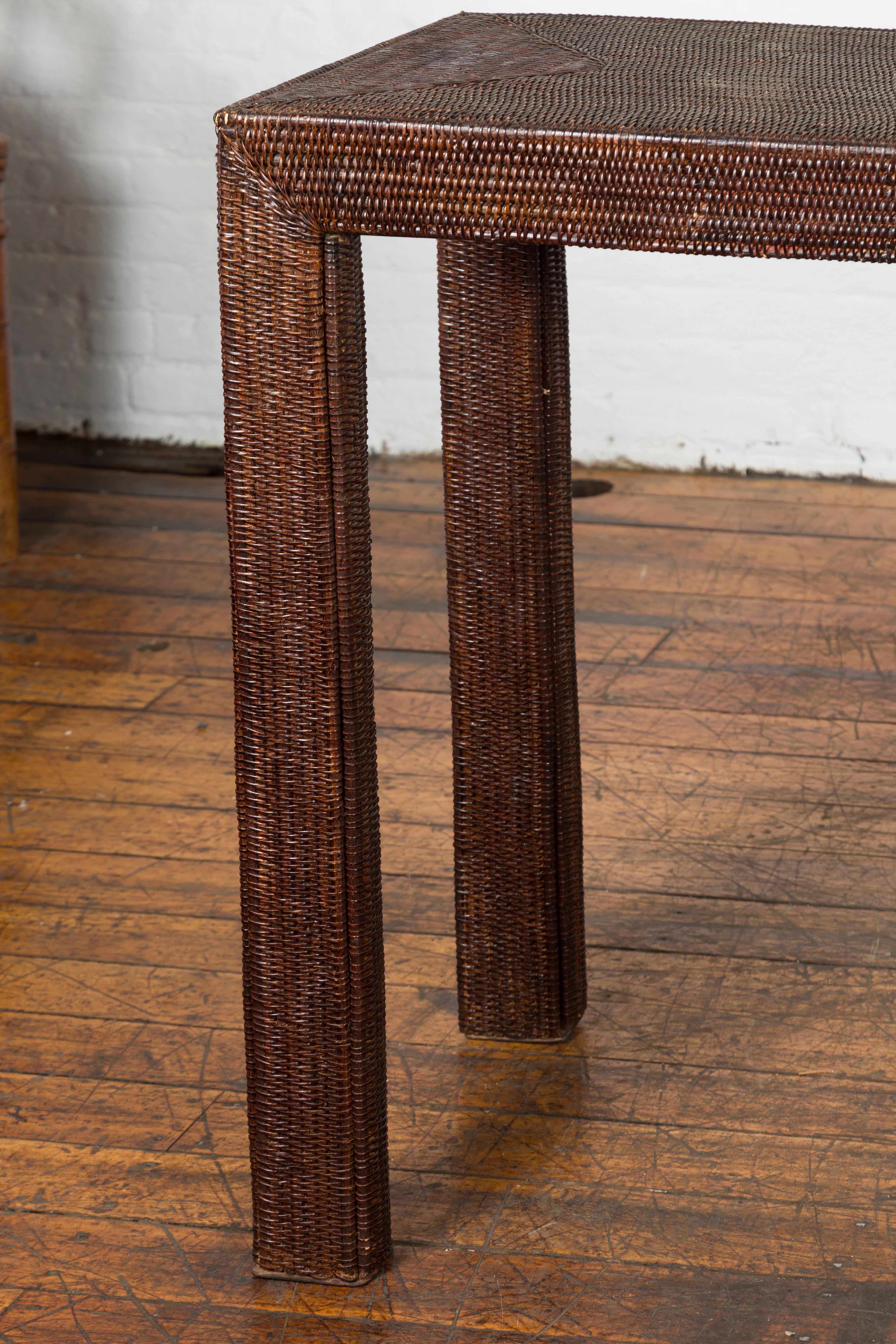 Rustic Vintage Thai Dark Brown Stained Woven Rattan Country Style Console Table For Sale 1