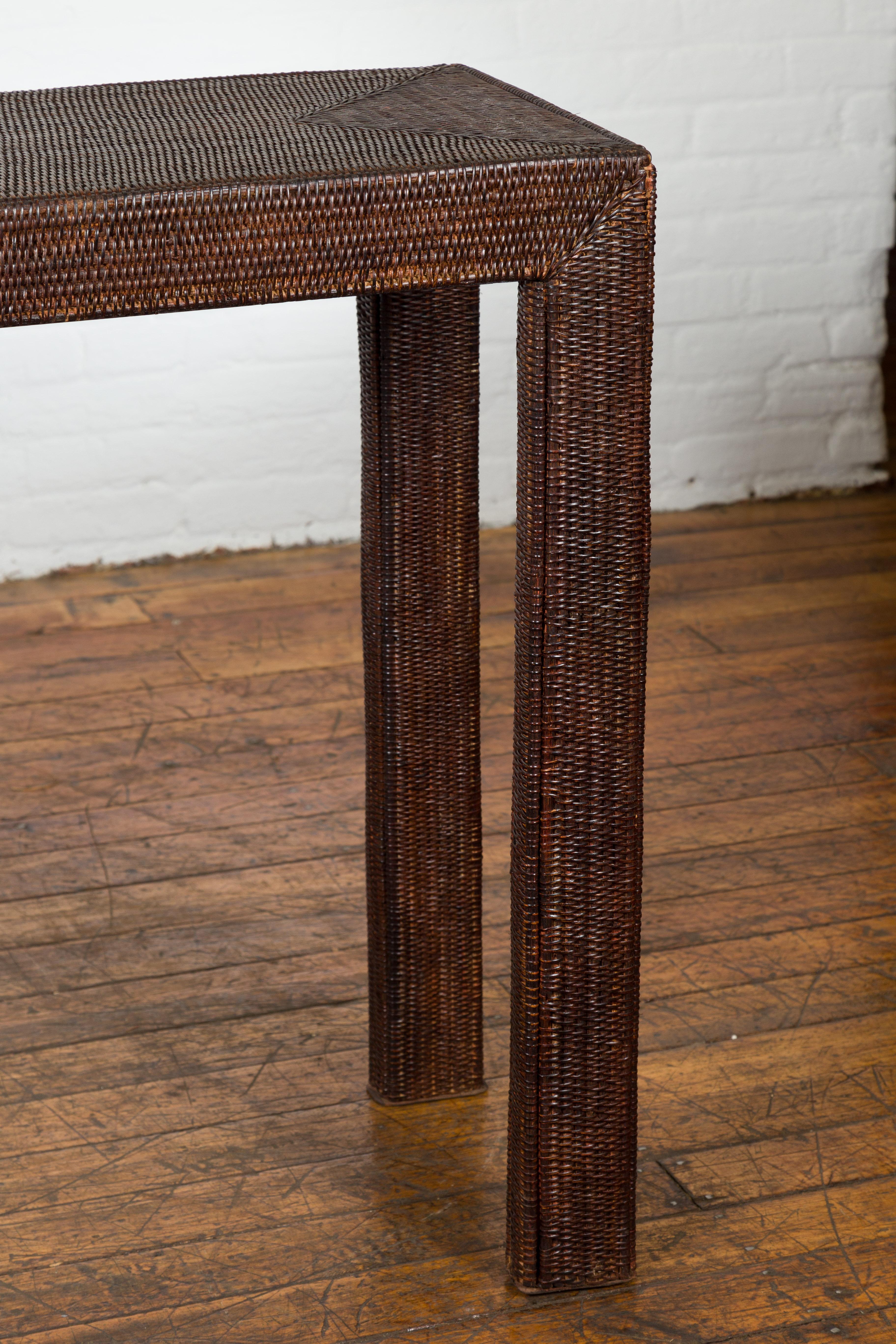 Rustic Vintage Thai Dark Brown Stained Woven Rattan Country Style Console Table For Sale 2