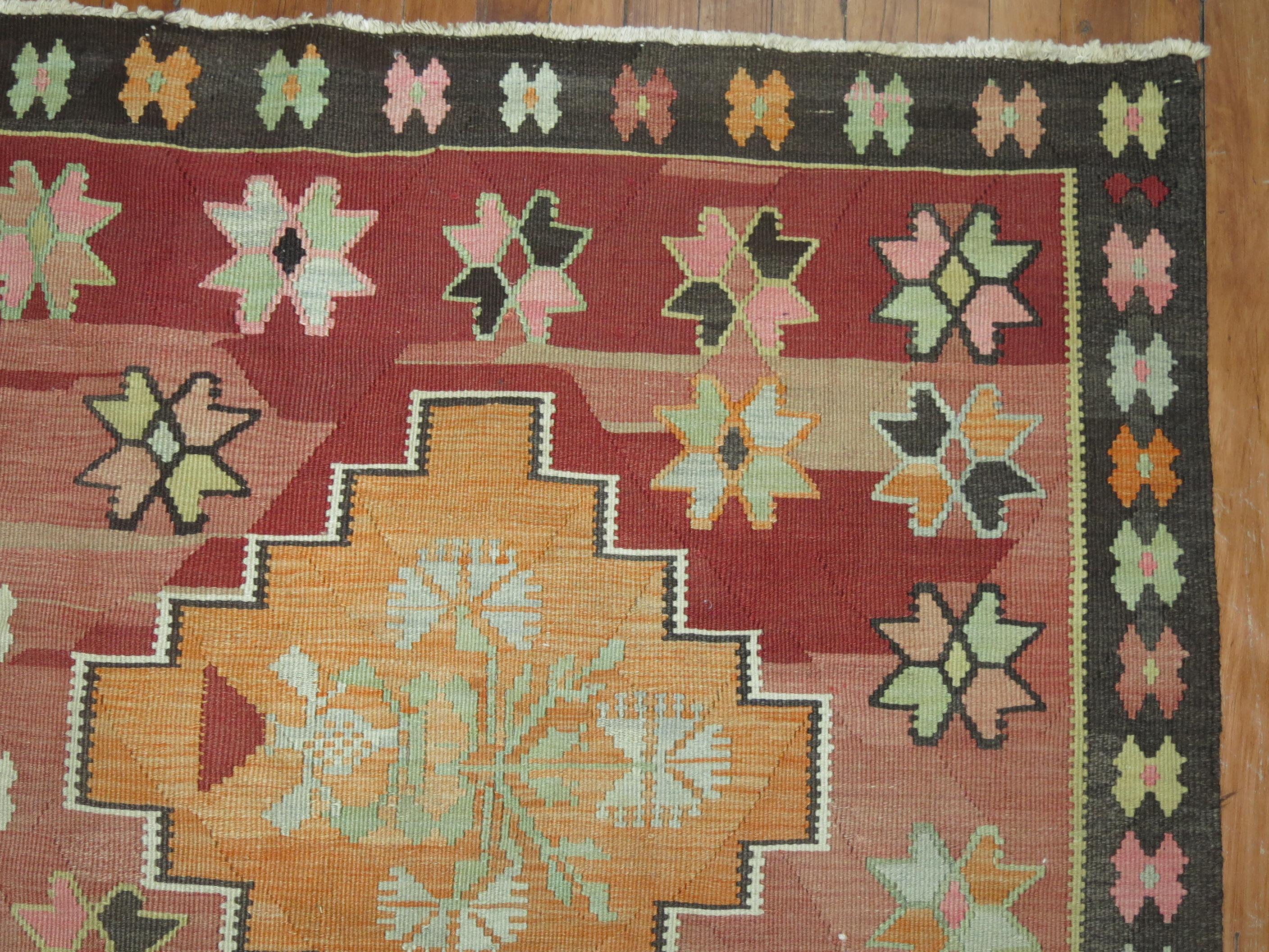 Wool Rustic Vintage Turkish Kilim For Sale