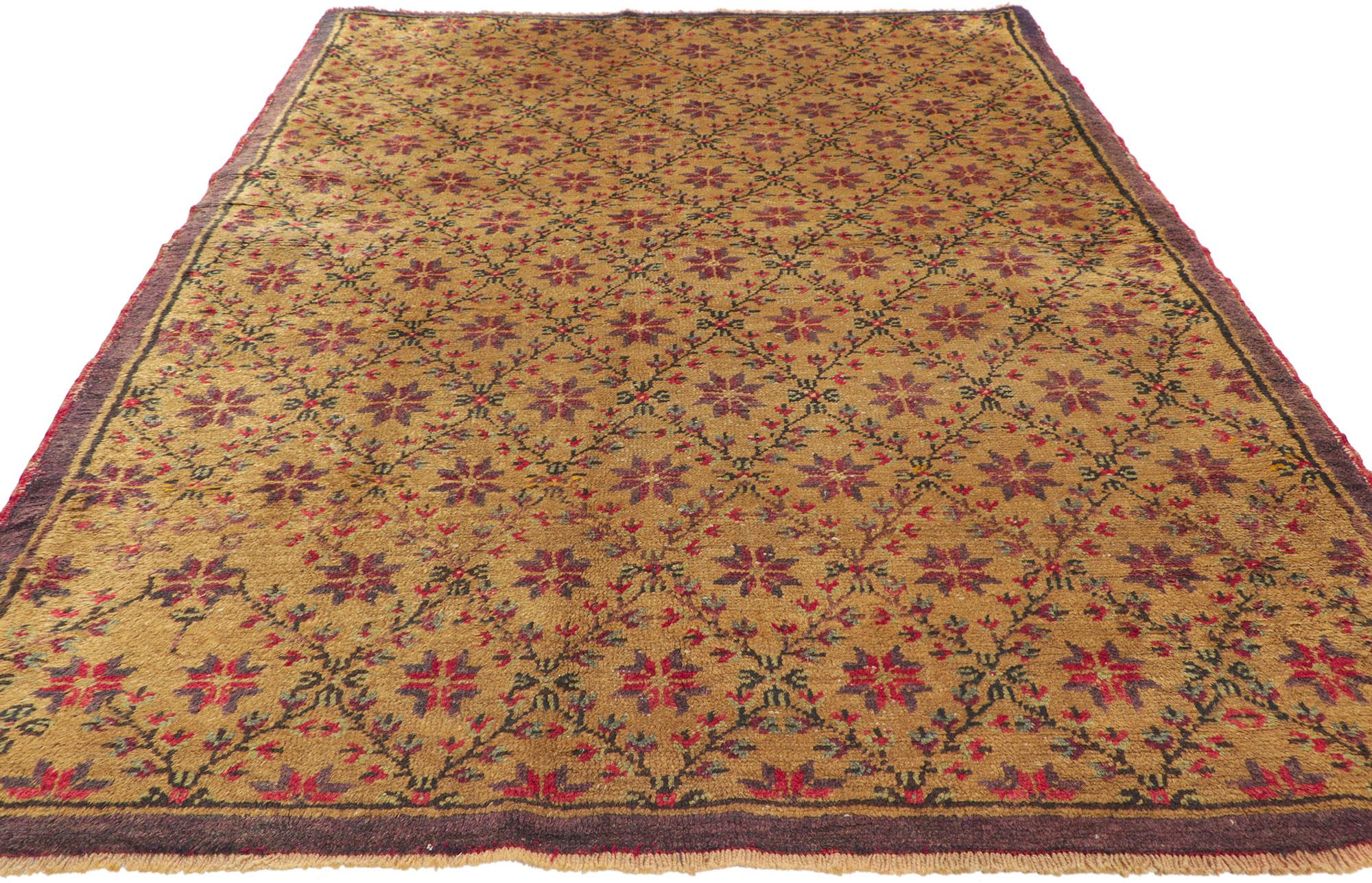 Hand-Knotted Rustic Vintage Turkish Oushak Rug with Floral Lattice Motif For Sale