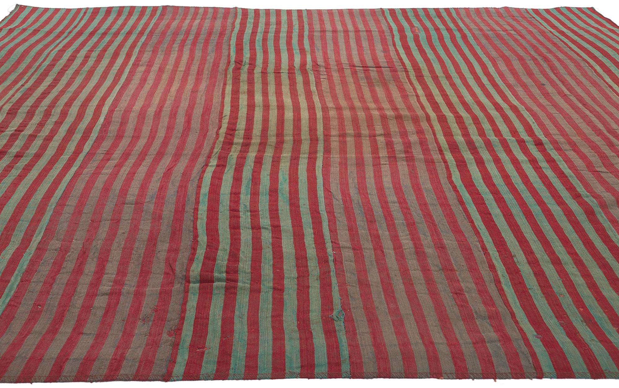Hand-Woven Rustic Vintage Turkish Striped Kilim Rug, Weathered Charm Meets Rugged Beauty For Sale