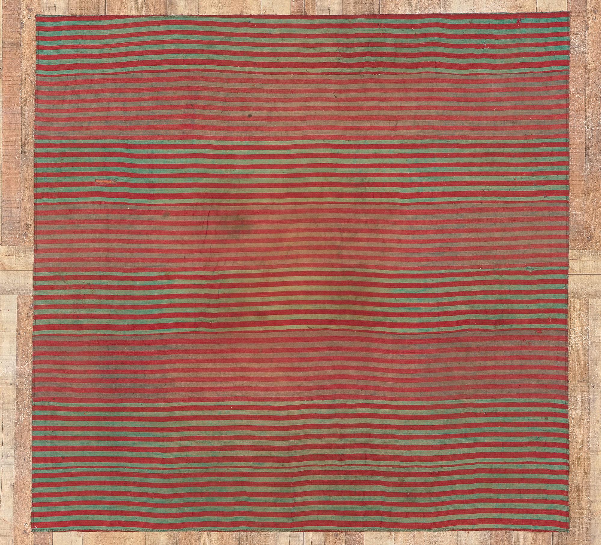 Rustic Vintage Turkish Striped Kilim Rug, Weathered Charm Meets Rugged Beauty For Sale 3