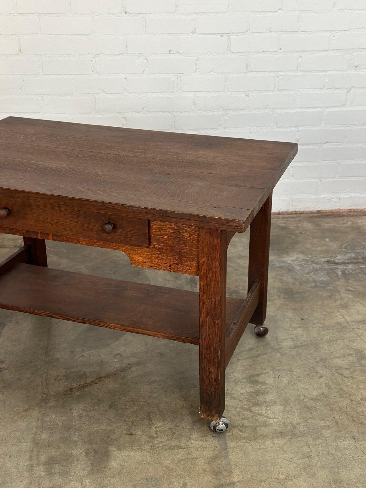 W48.5 D31 H32

Vintage workbench with some great vintage charm. Item has been reworked by our in house carpenters and now table is structurally strong and sound. Item has been sealed to provide a barrier and a clean surface above the top.