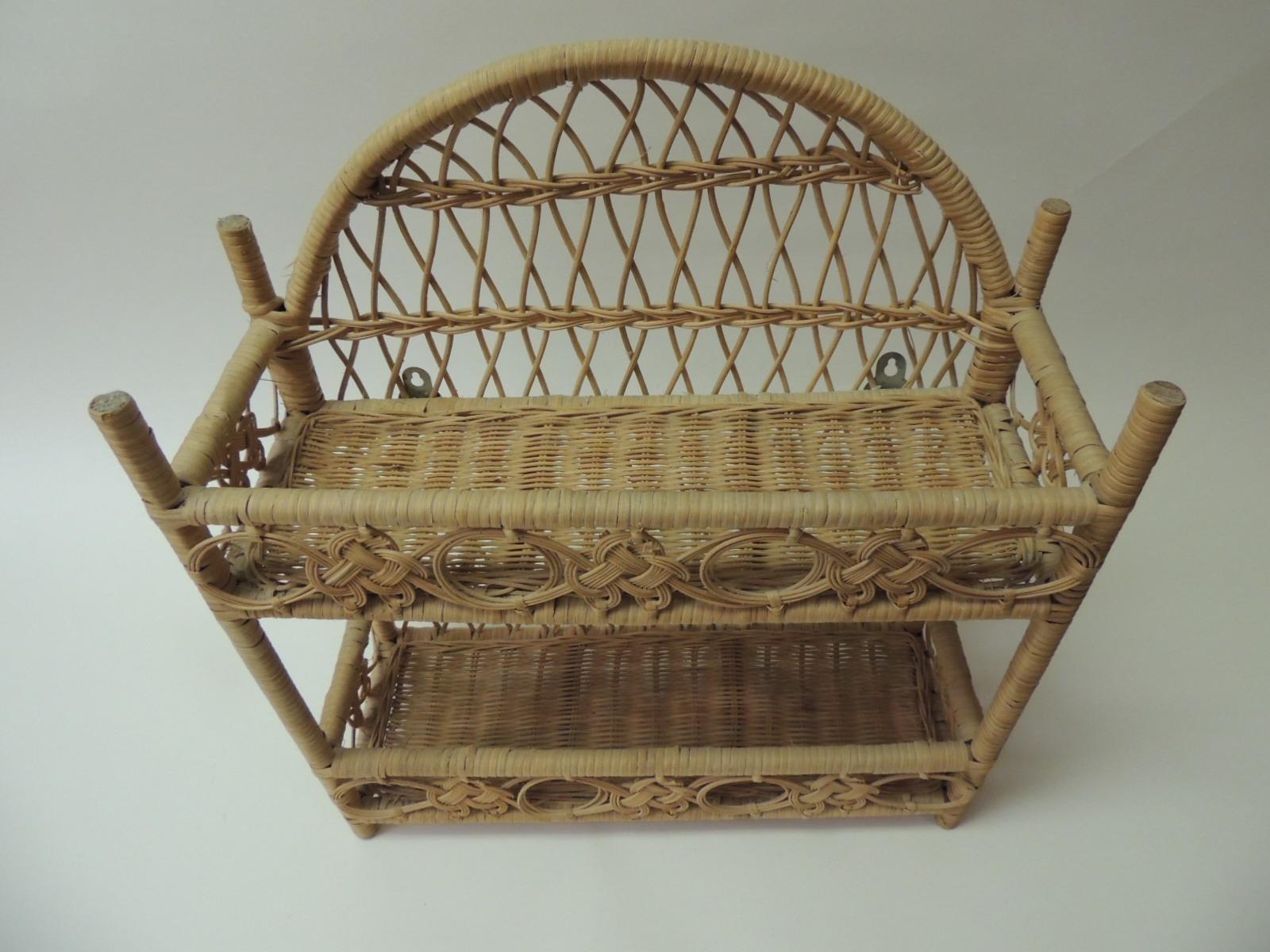 This item is part of our 7Th Anniversary SALE:
Rustic vintage woven wicker wall shelf
Vintage rustic woven wicker wall shelf in a rectangular shape with two shelves and rounded top. 
Finished in all sides and hanging hooks in the back.
Philippines,
