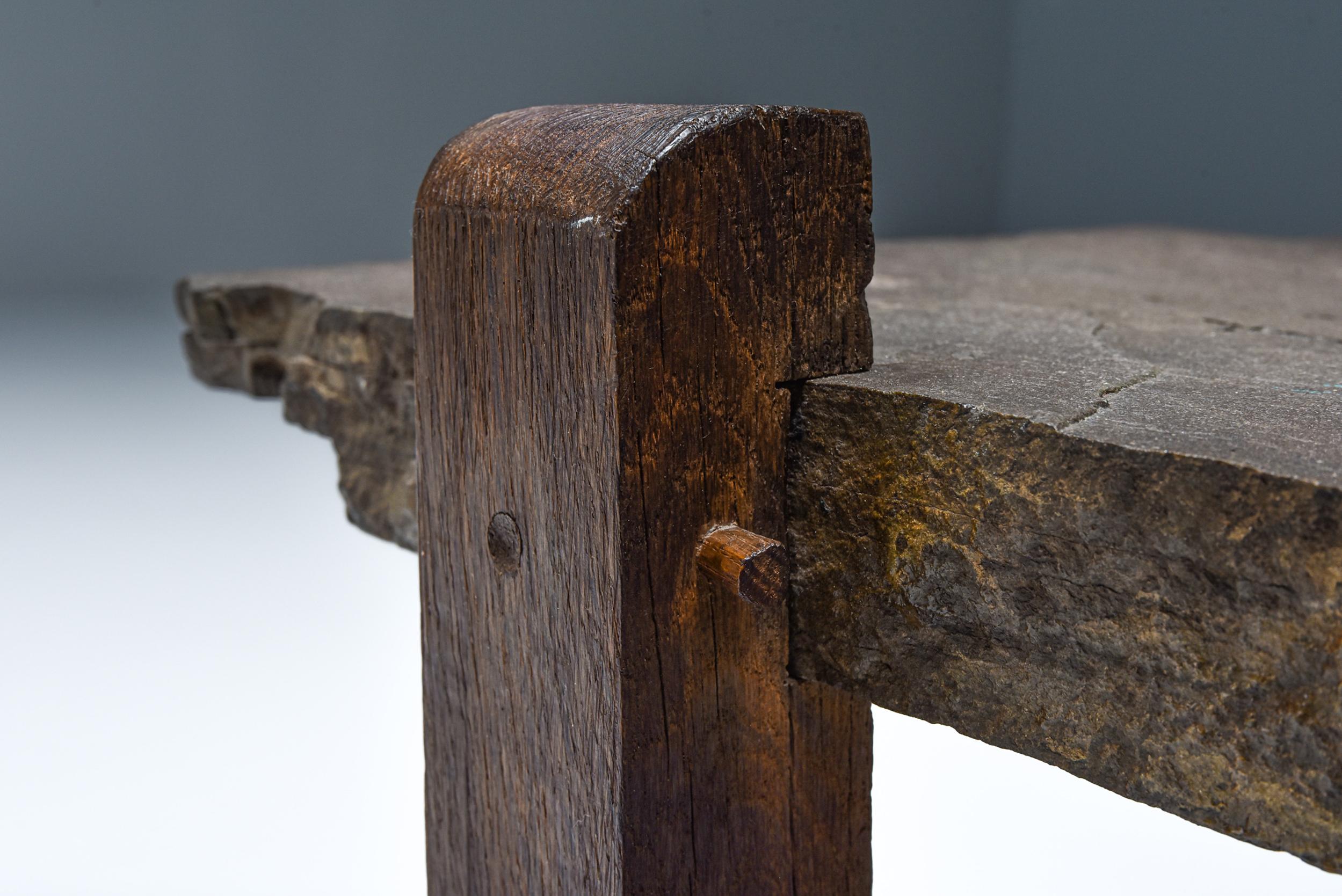 Rustic Wabi Sabi Coffee Table with Stone Top, Oriental, 1910's, Axel Vervoordt In Excellent Condition In Antwerp, BE