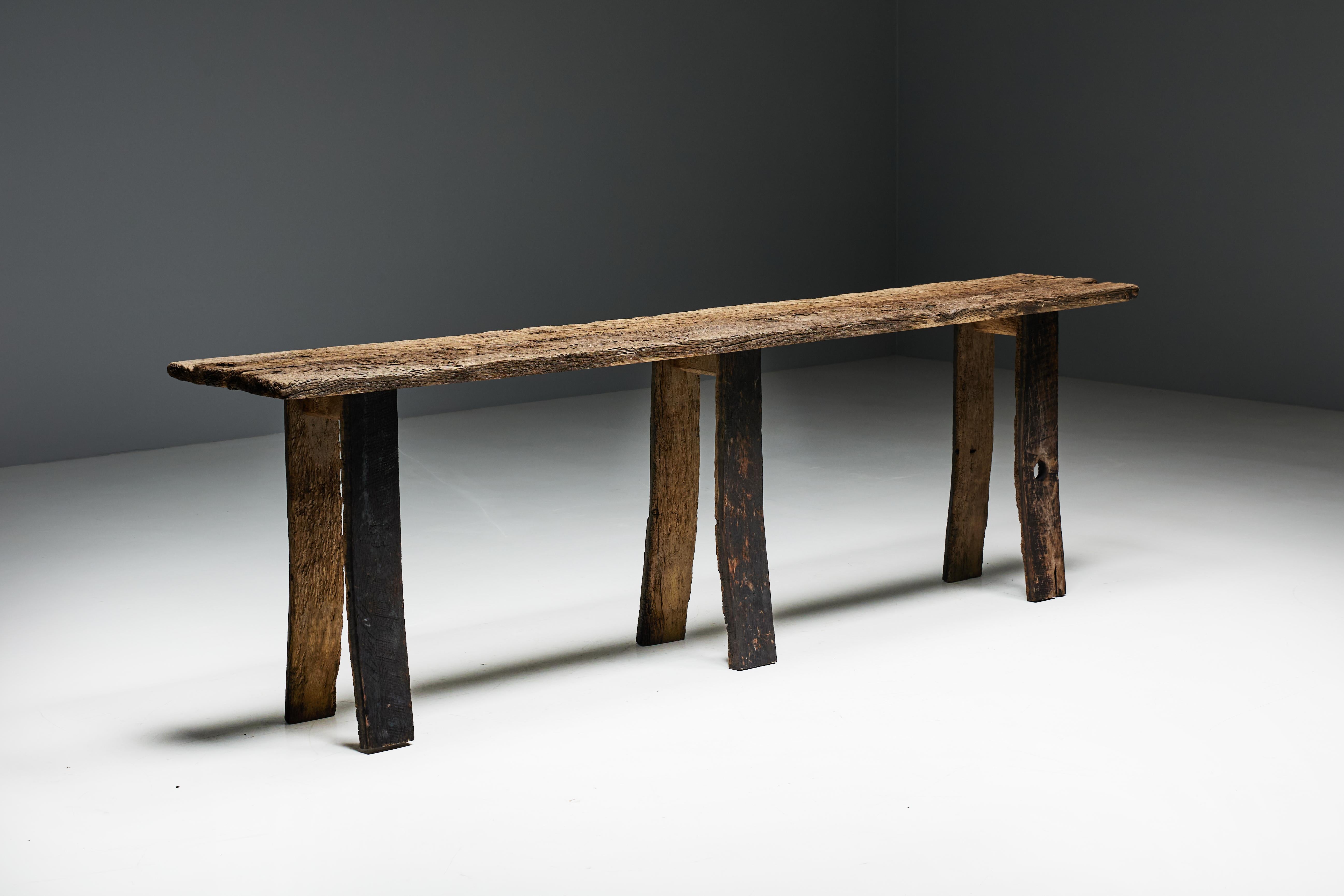 Wood Rustic Wabi Sabi Console Table, France, 19th Century For Sale