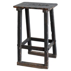 Rustic Wabi-Sabi Japanese Old Black Wooden Stool / Chair / Mingei / 1926-1960