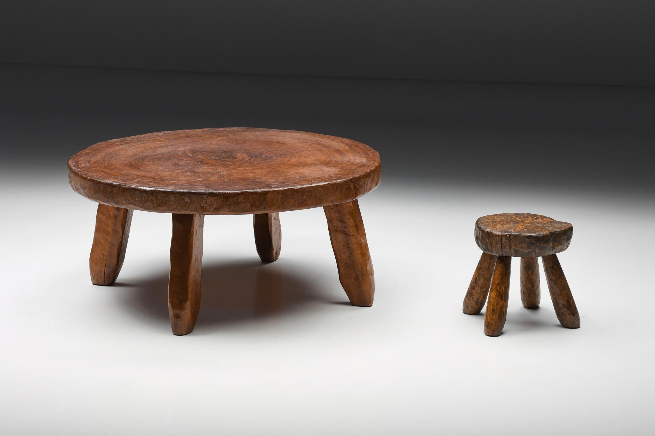 Rustic Wabi-Sabi Round Wooden Coffee Table, France, 1950's 7