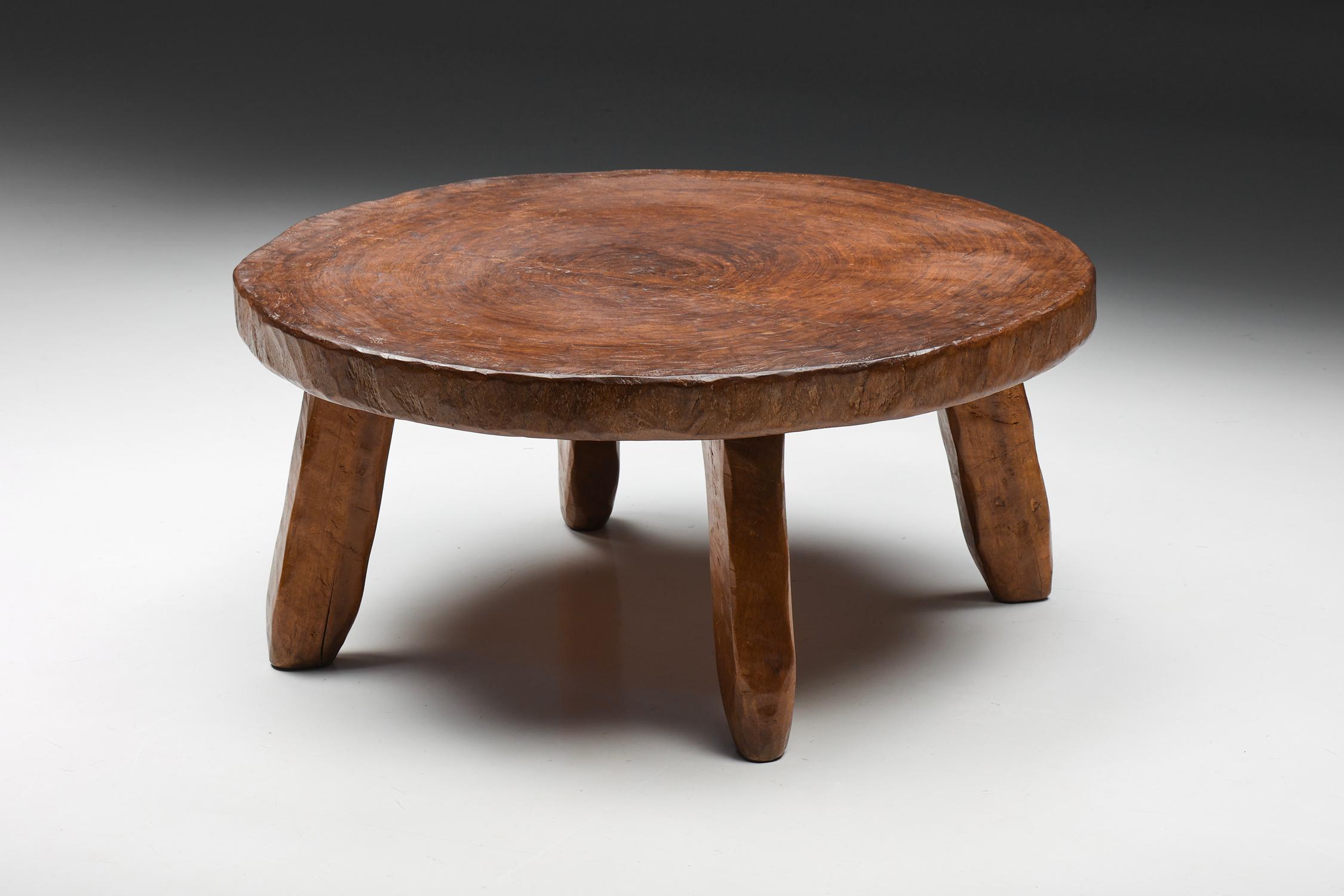 Rustic Wabi-Sabi Round Wooden Coffee Table, France, 1950's

This rustic round coffee table with a four-legged base is made of wood with a very charismatic patina. The rounded surface provides space for objects like magazines and other curiosities.