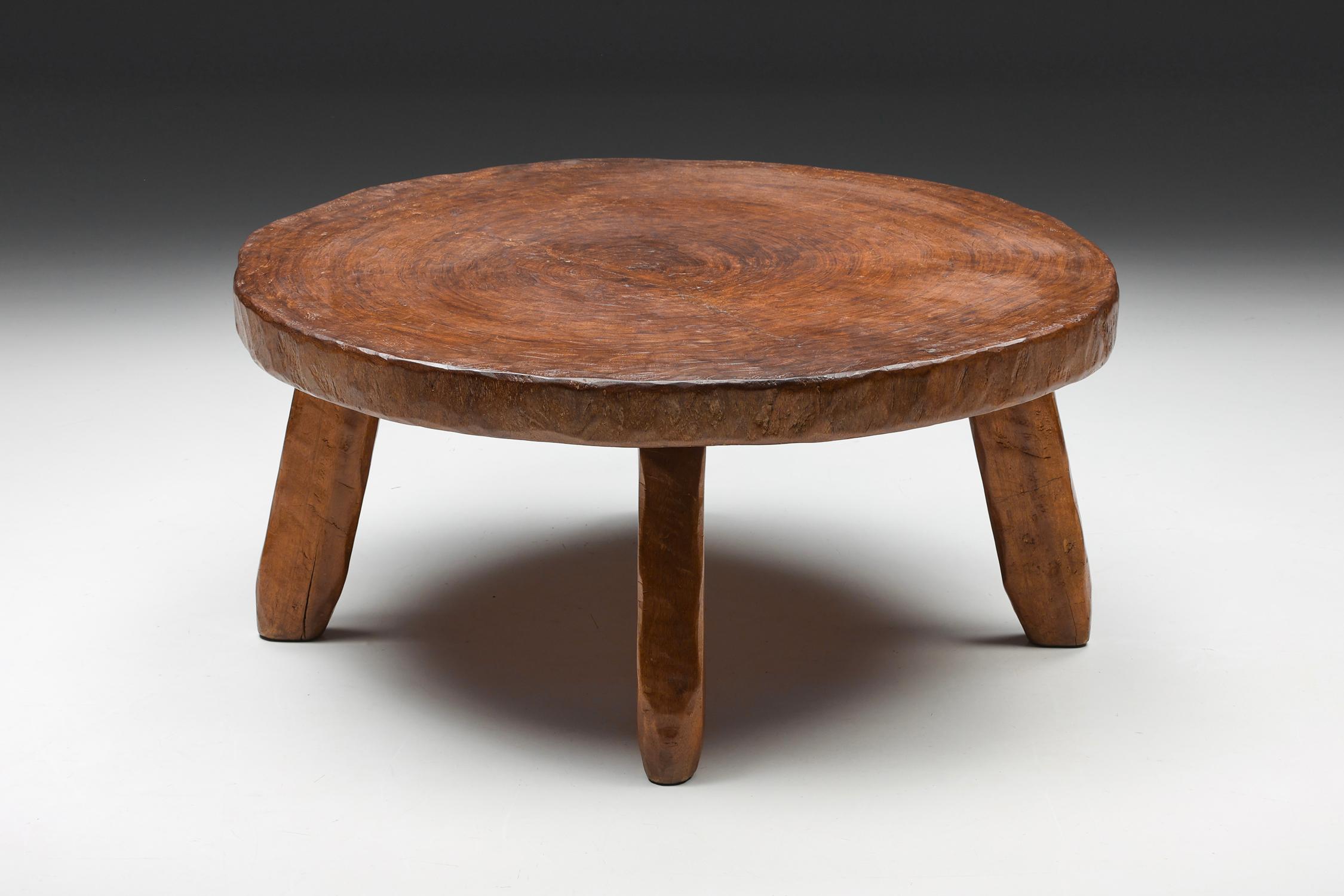 French Rustic Wabi-Sabi Round Wooden Coffee Table, France, 1950's