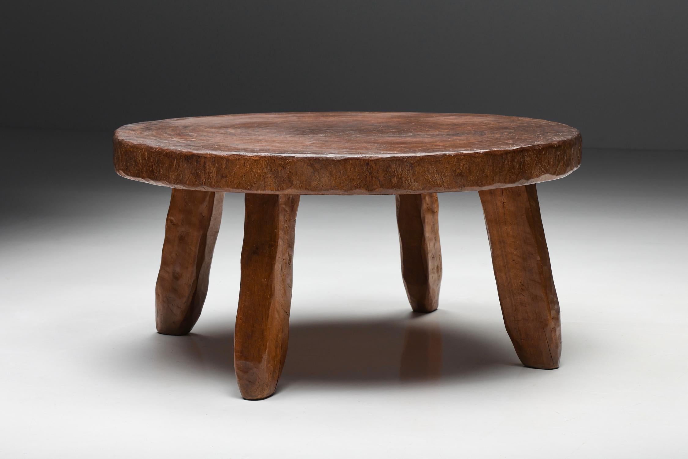 Rustic Wabi-Sabi Round Wooden Coffee Table, France, 1950's In Good Condition In Antwerp, BE